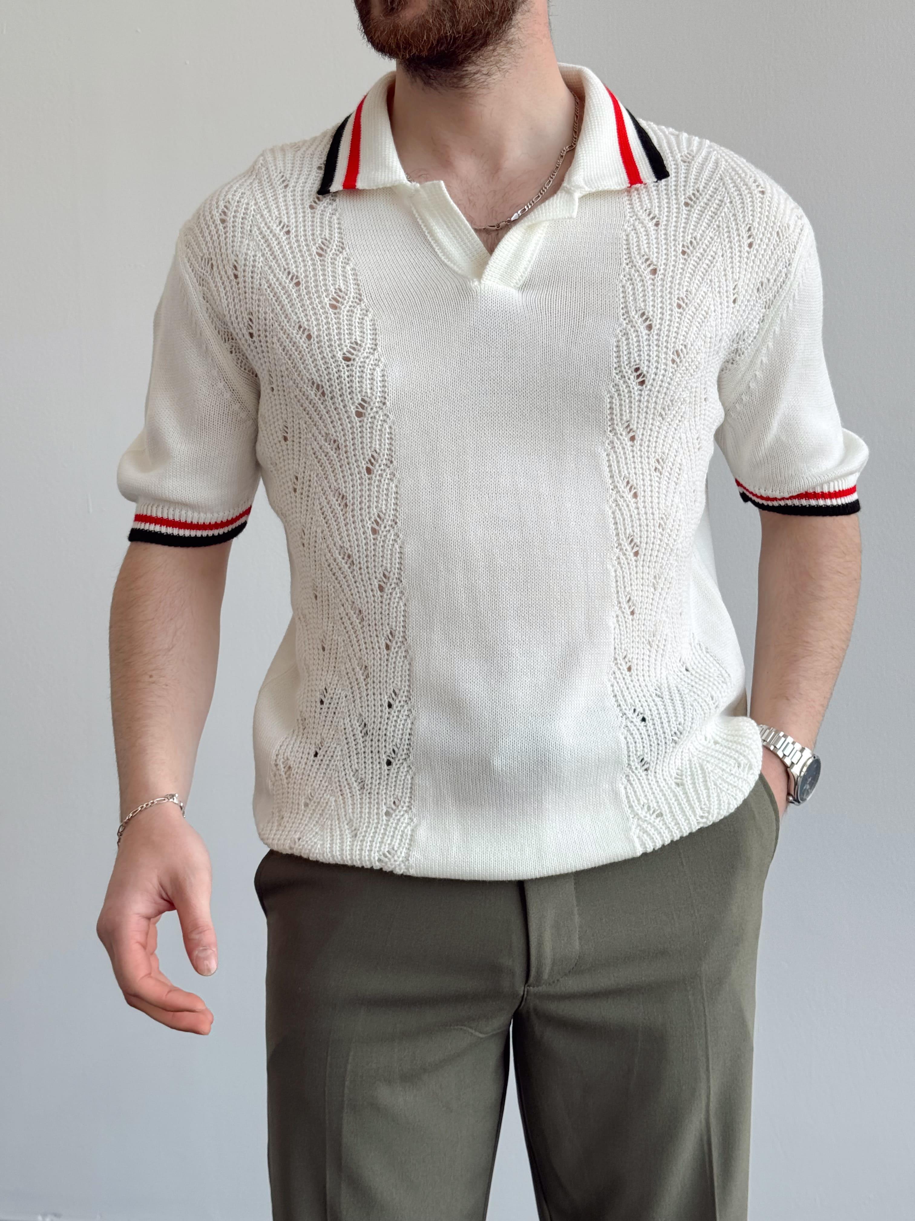 Erkek Numaralandırılmış Özel Seri Çizgi Detay Oversize Kalıp Polo Yaka Triko T-Shirt-Beyaz(E1375)