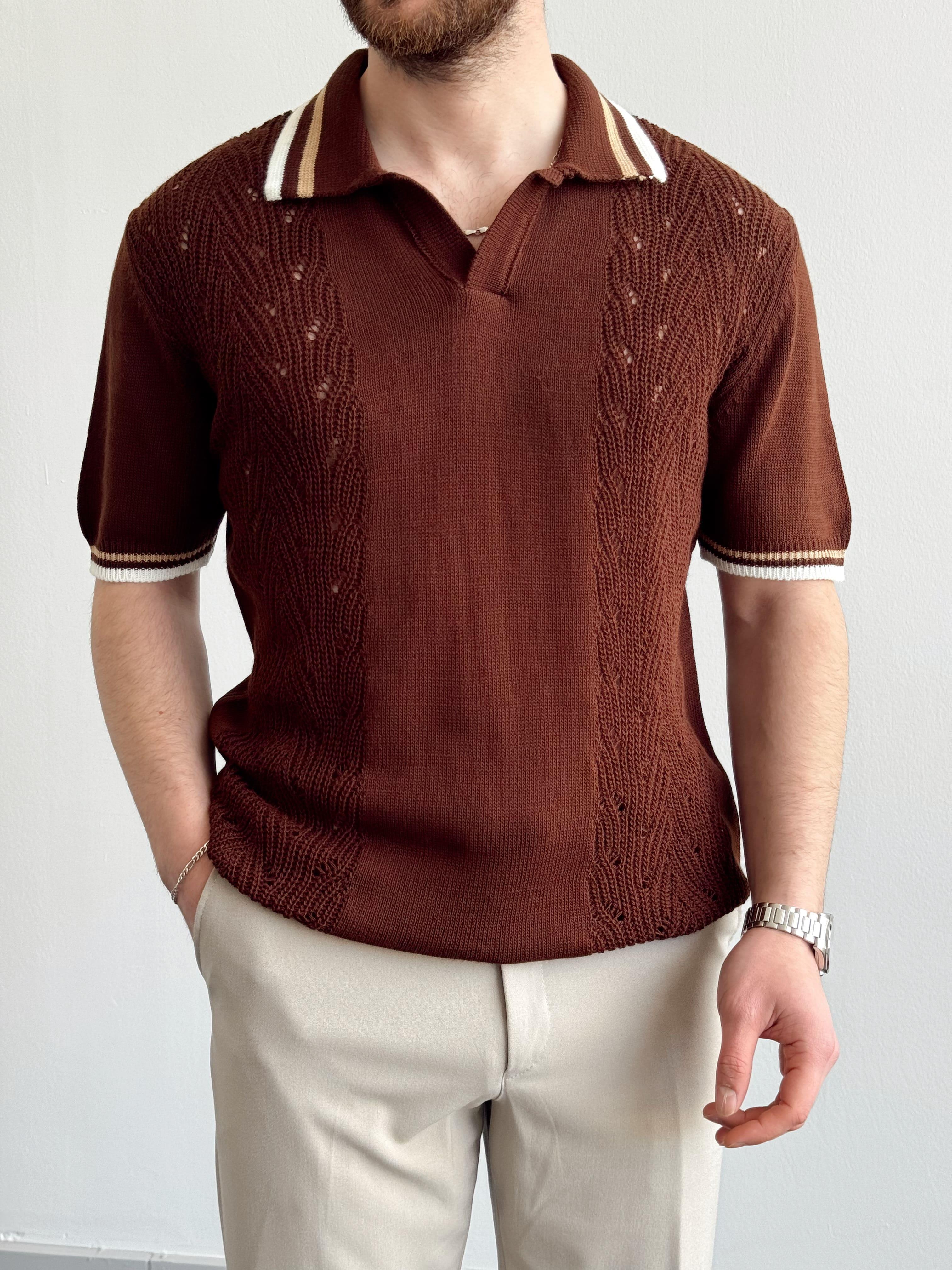 Erkek Numaralandırılmış Özel Seri Çizgi Detay Oversize Kalıp Polo Yaka Triko T-Shirt-Kahverengi/Bej(E1375)