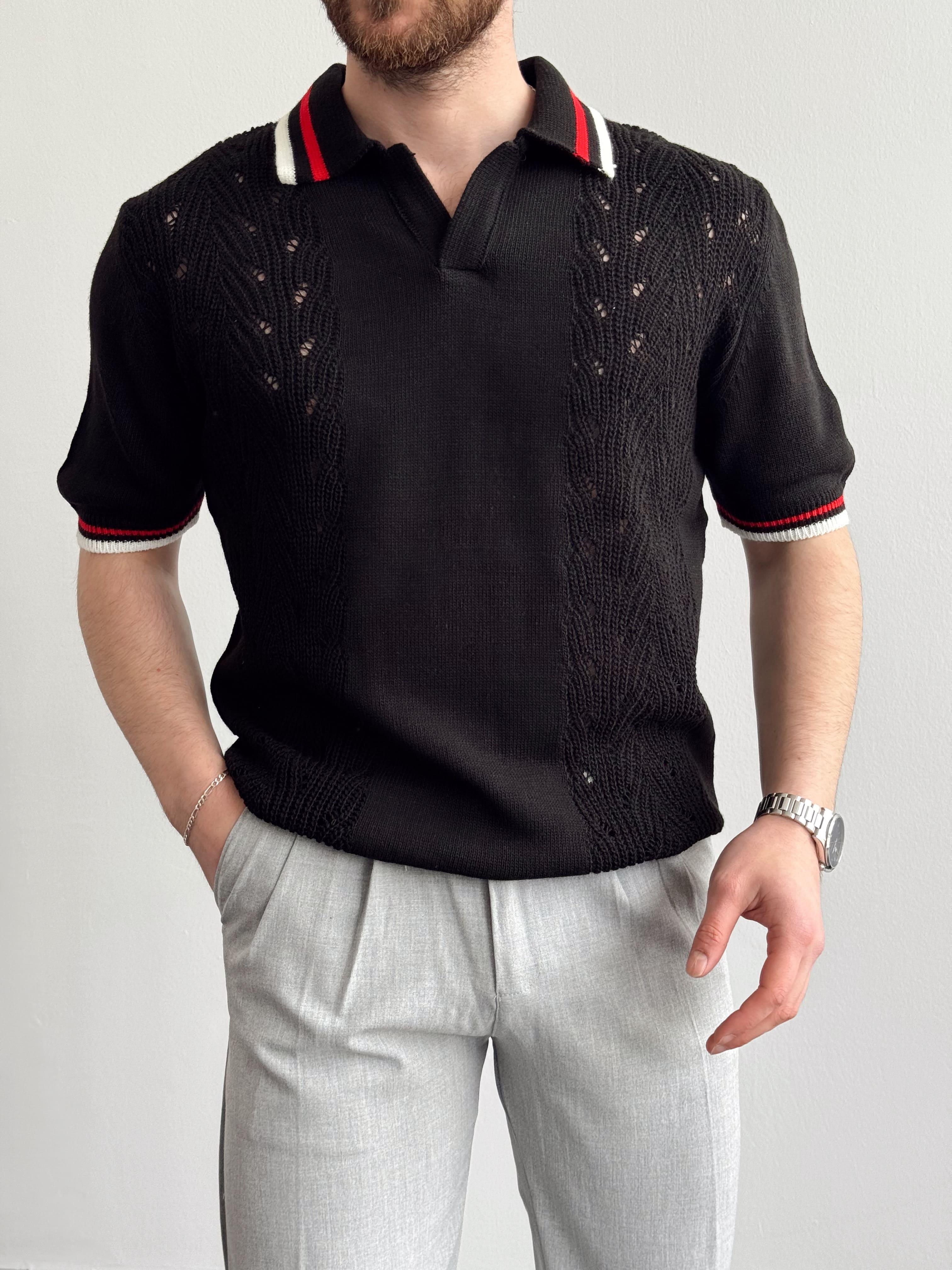 Erkek Numaralandırılmış Özel Seri Çizgi Detay Oversize Kalıp Polo Yaka Triko T-Shirt-Siyah(E1375)