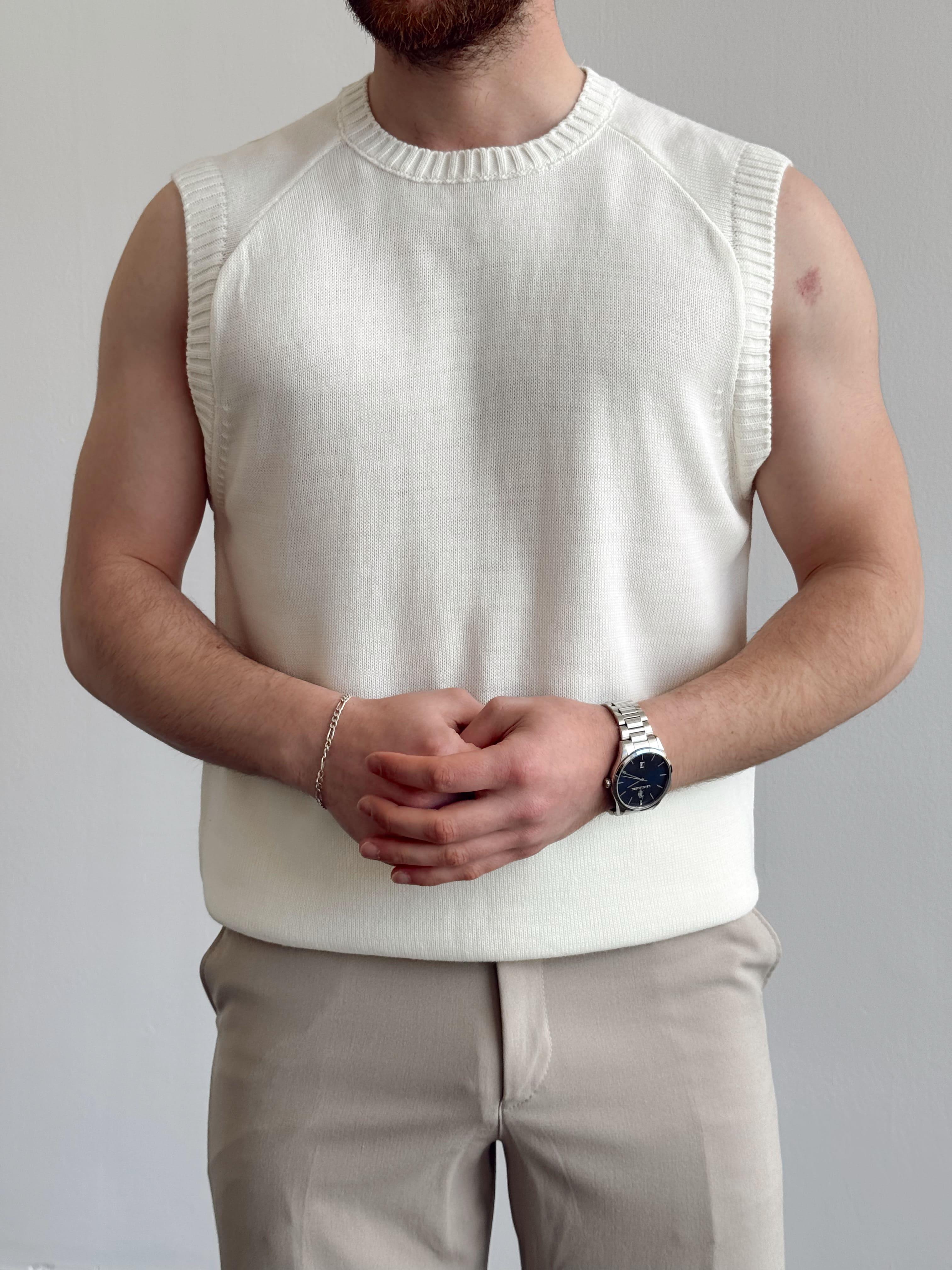 Erkek Numaralandırılmış Özel Seri Oversize Kalıp Bisiklet Yaka Sıfır Kol Triko T-Shirt-Ekru(E1380)