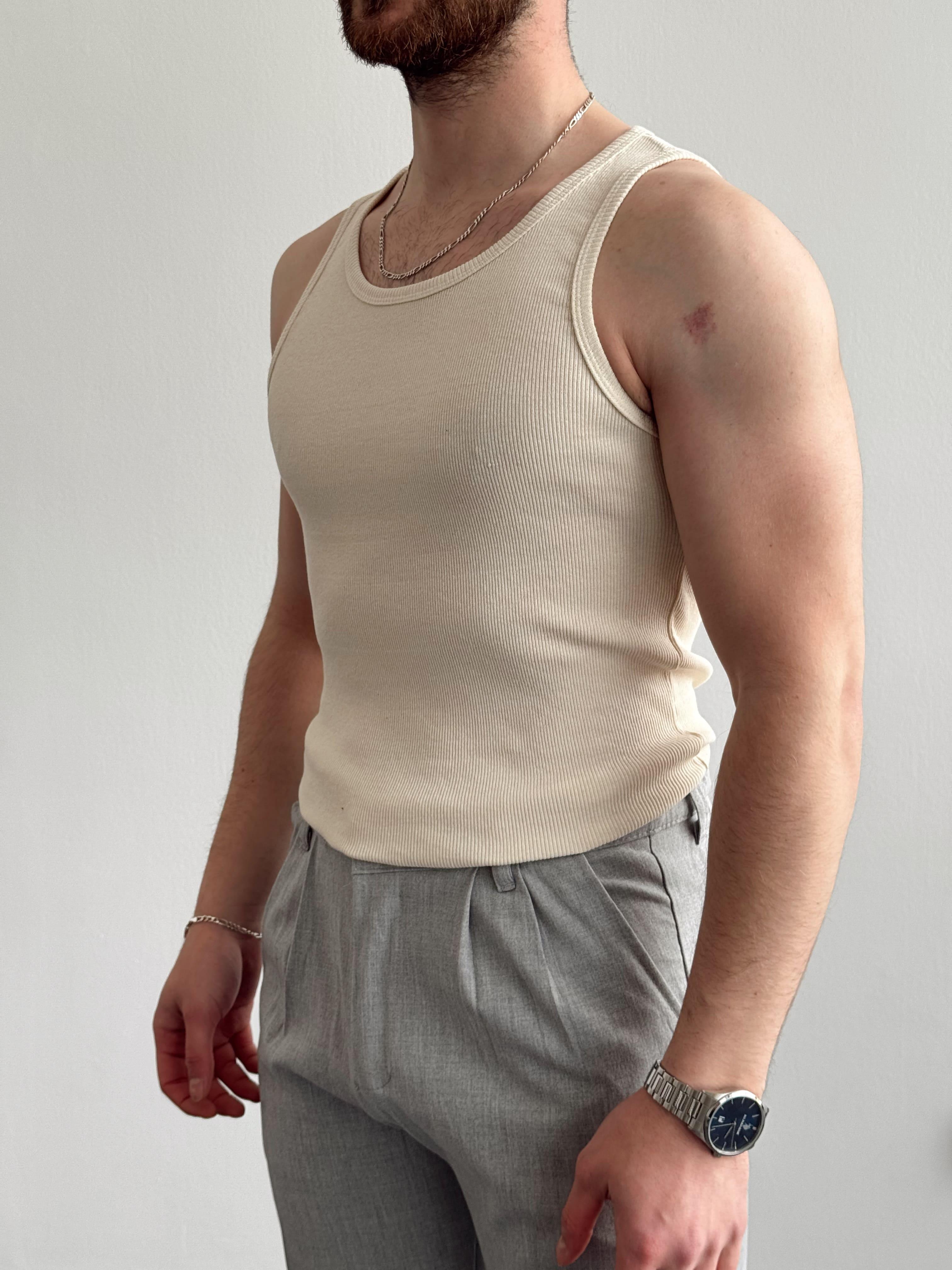 Erkek Numaralandırılmış Özel Seri Slim Fit Fitilli Atlet-Krem(E1377)