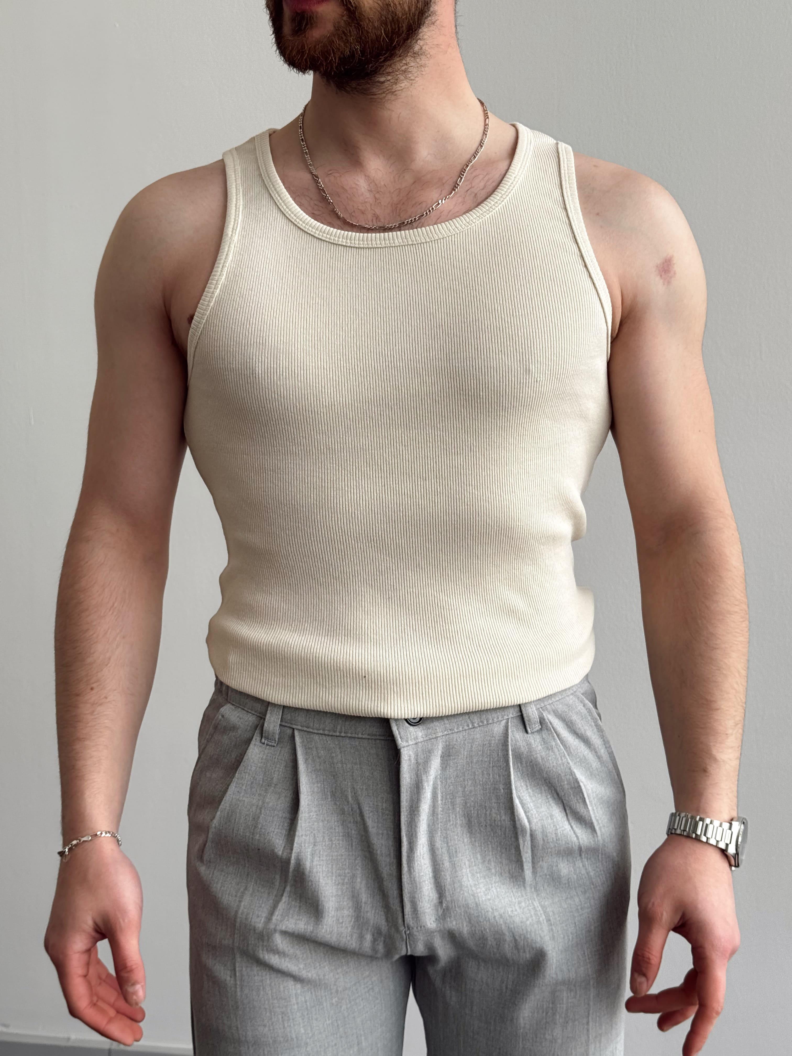 Erkek Numaralandırılmış Özel Seri Slim Fit Fitilli Atlet-Krem(E1377)