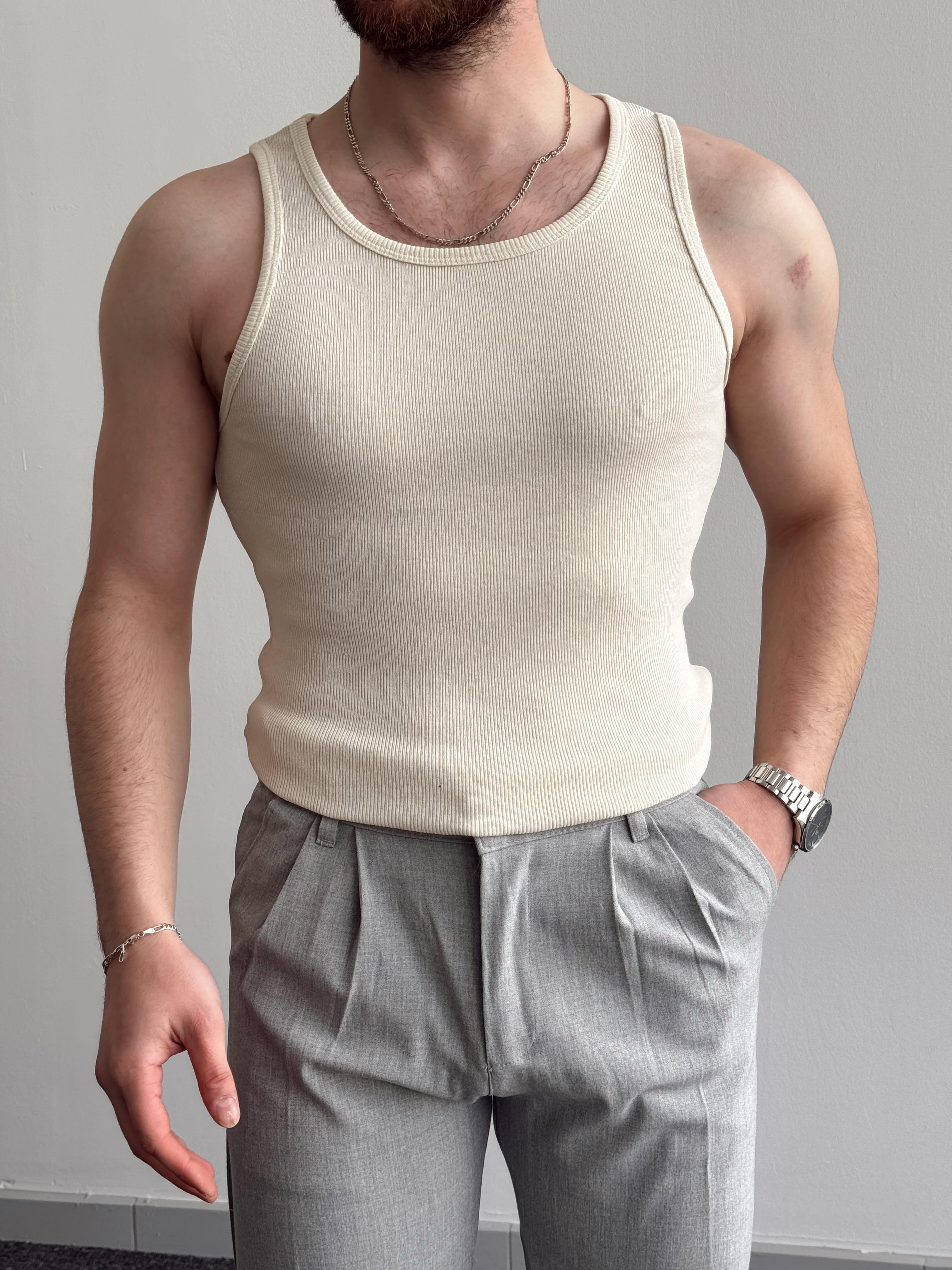 Erkek Numaralandırılmış Özel Seri Slim Fit Fitilli Atlet-Krem(E1377)
