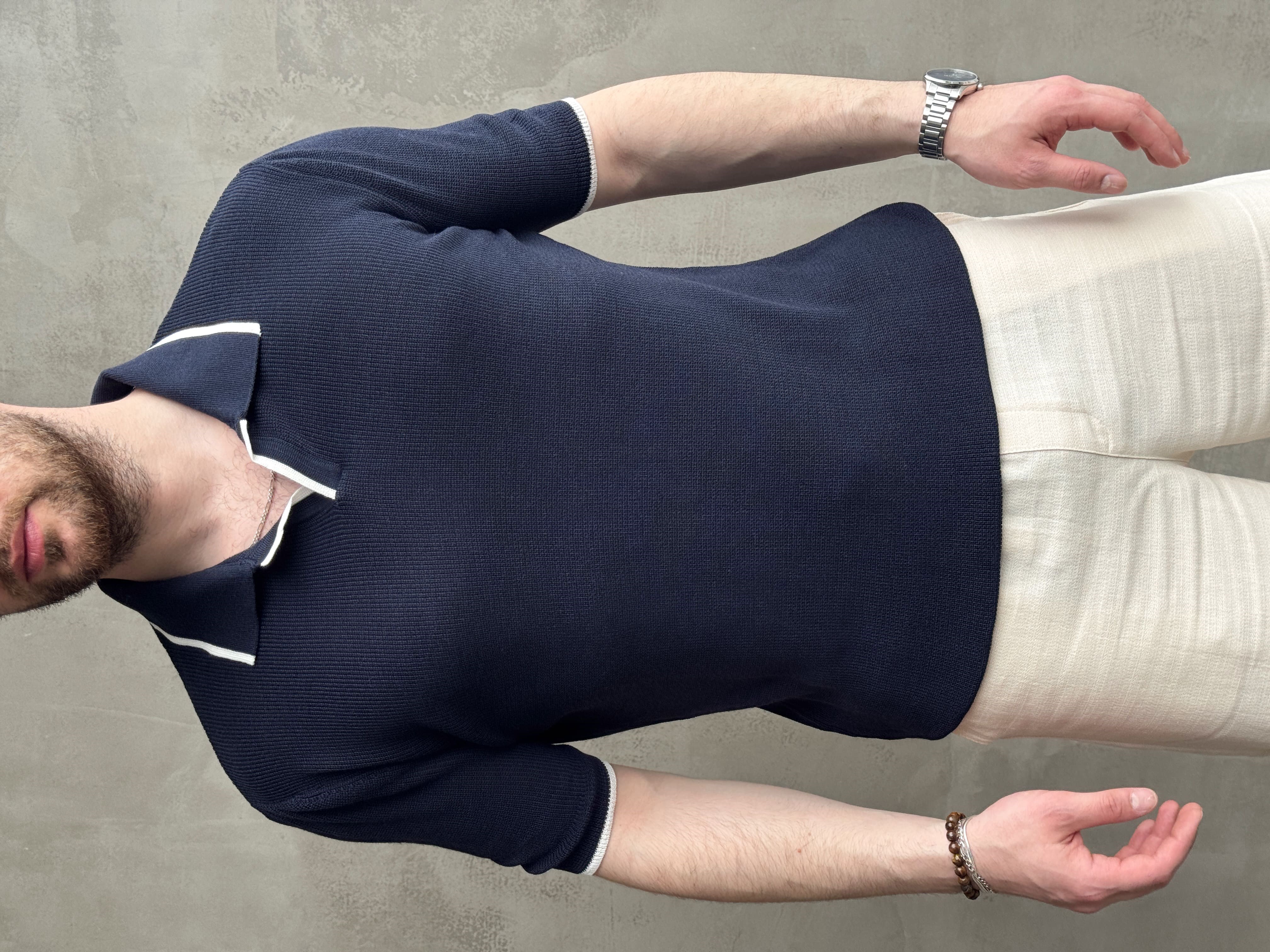 Erkek Ofis Stili Yaka Çizgi Detaylı Regular Kalıp Polo Yaka Triko T-Shirt-Lacivert(E1728)