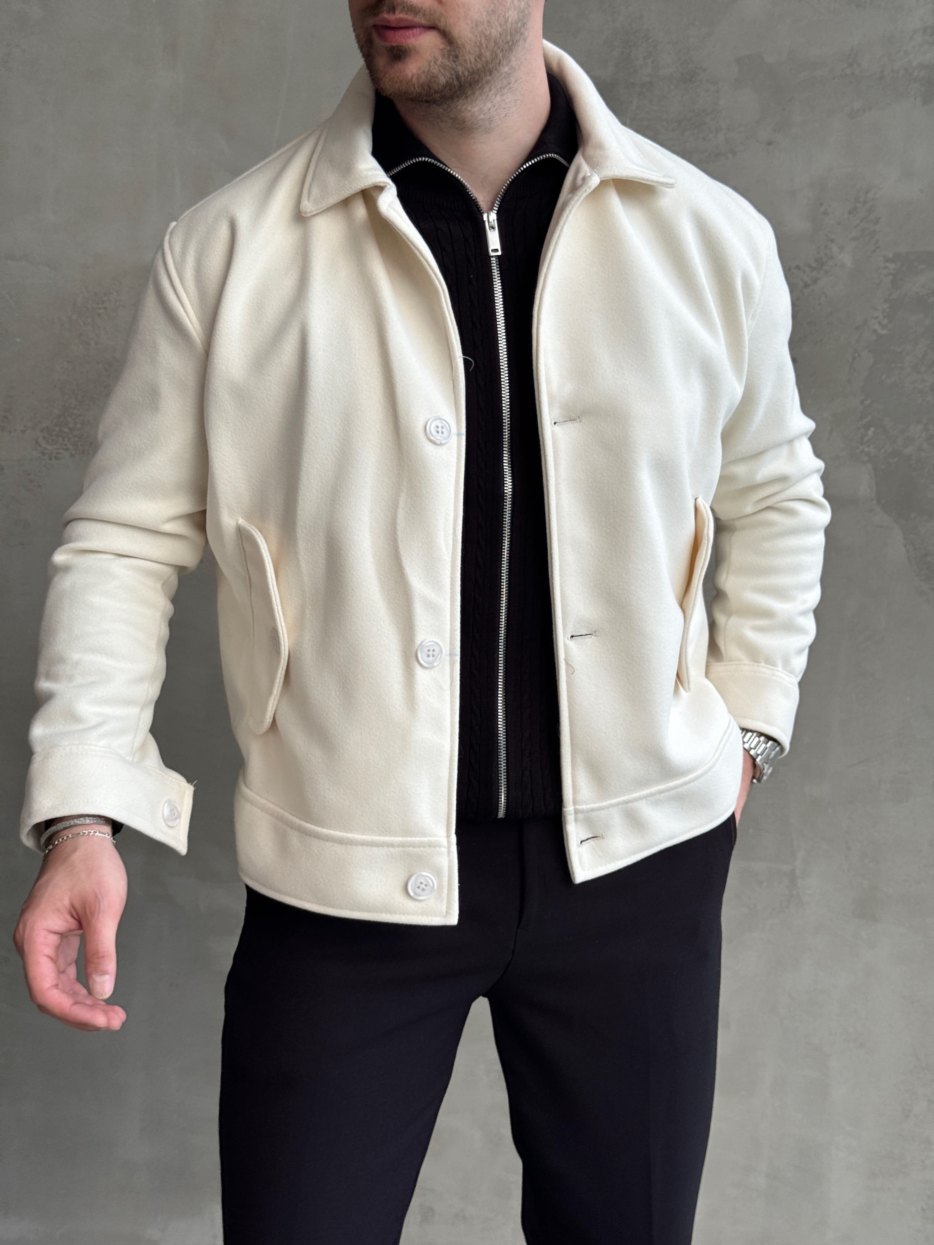 Erkek Öne Çıkan Regular Fit Cep Detaylı Düğmeli Kaşe Ceket-Krem(E1823)