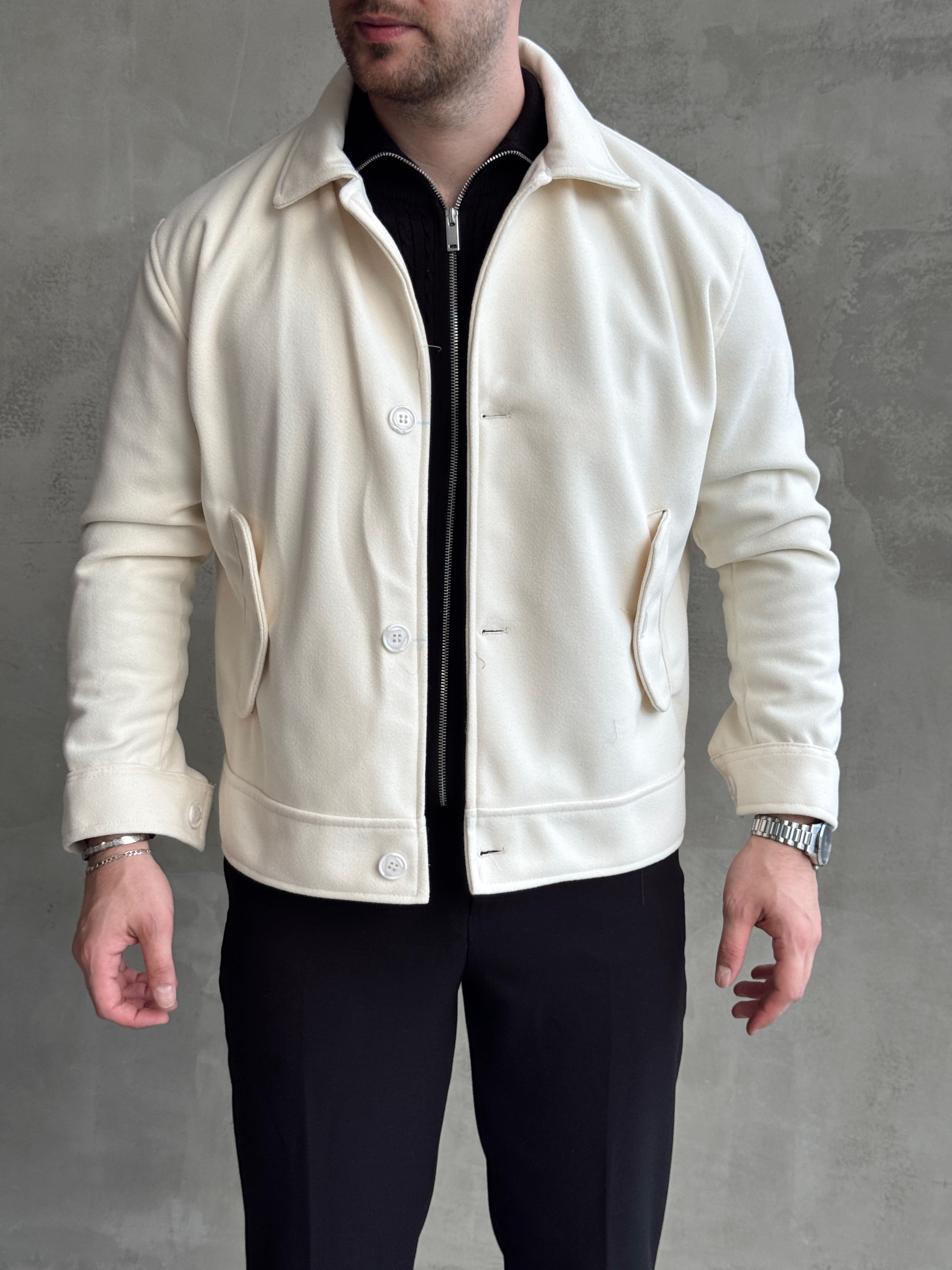 Erkek Öne Çıkan Regular Fit Cep Detaylı Düğmeli Kaşe Ceket-Krem(E1823)