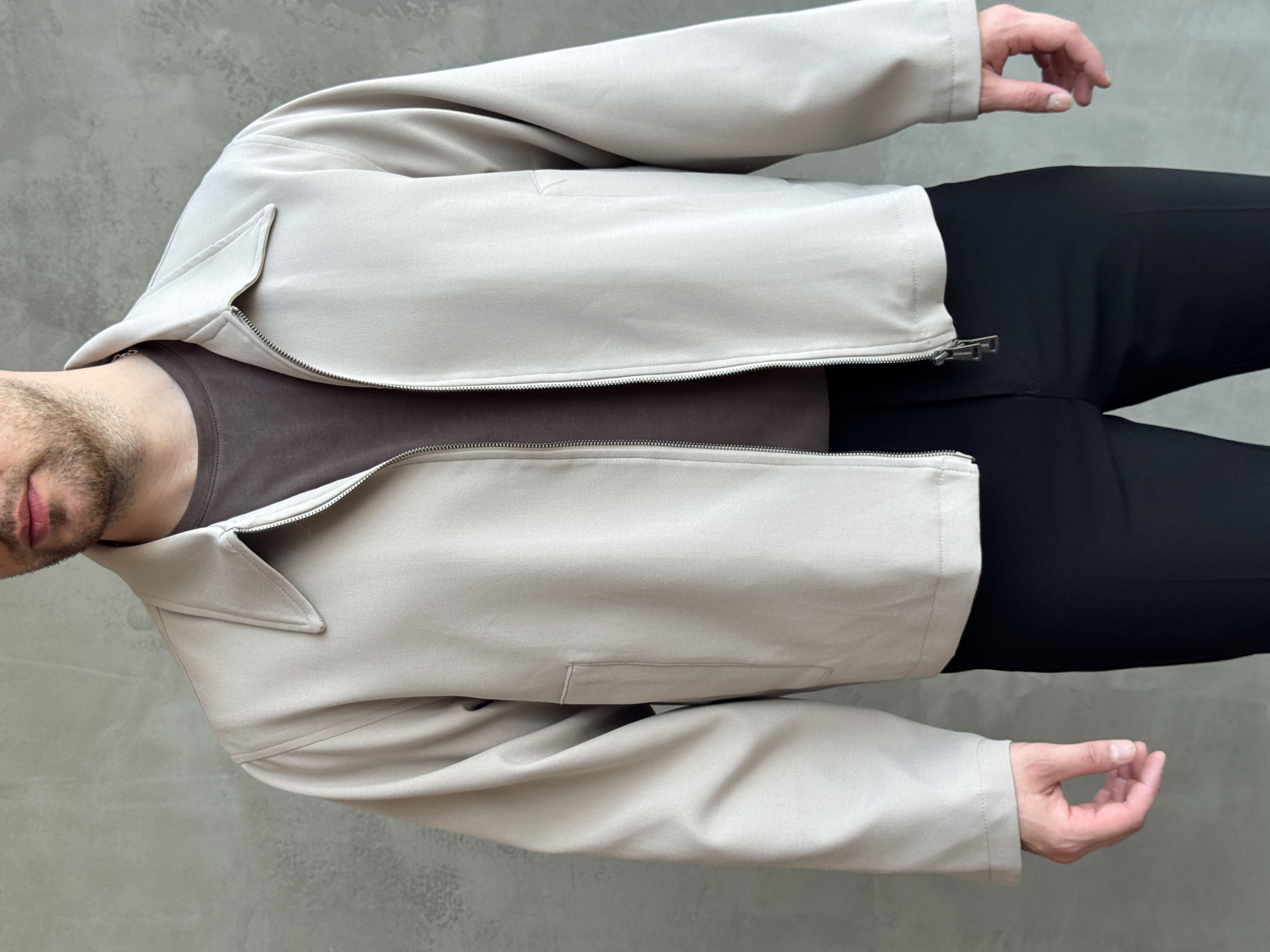 Erkek Özel Premium Seri Oversize Kalıp Çift Astarlı Düz Model Gabardin Kumaş Ceket-Bej(E1761)