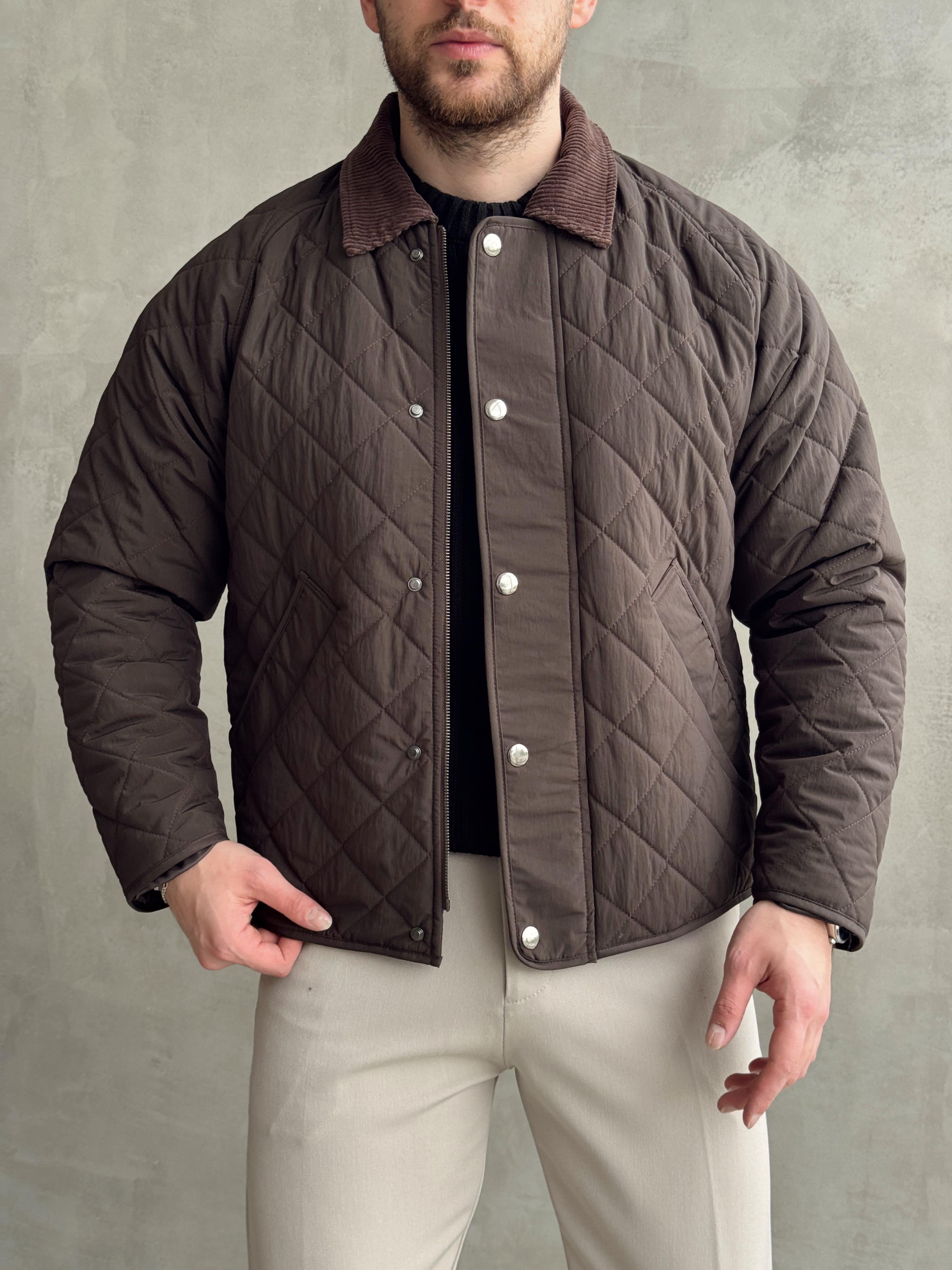 Erkek Özel Premium Seri Oversize Kalıp Çıtçıt Detay Baklava Desenli Ceket-Kahverengi(E1568)Ketench