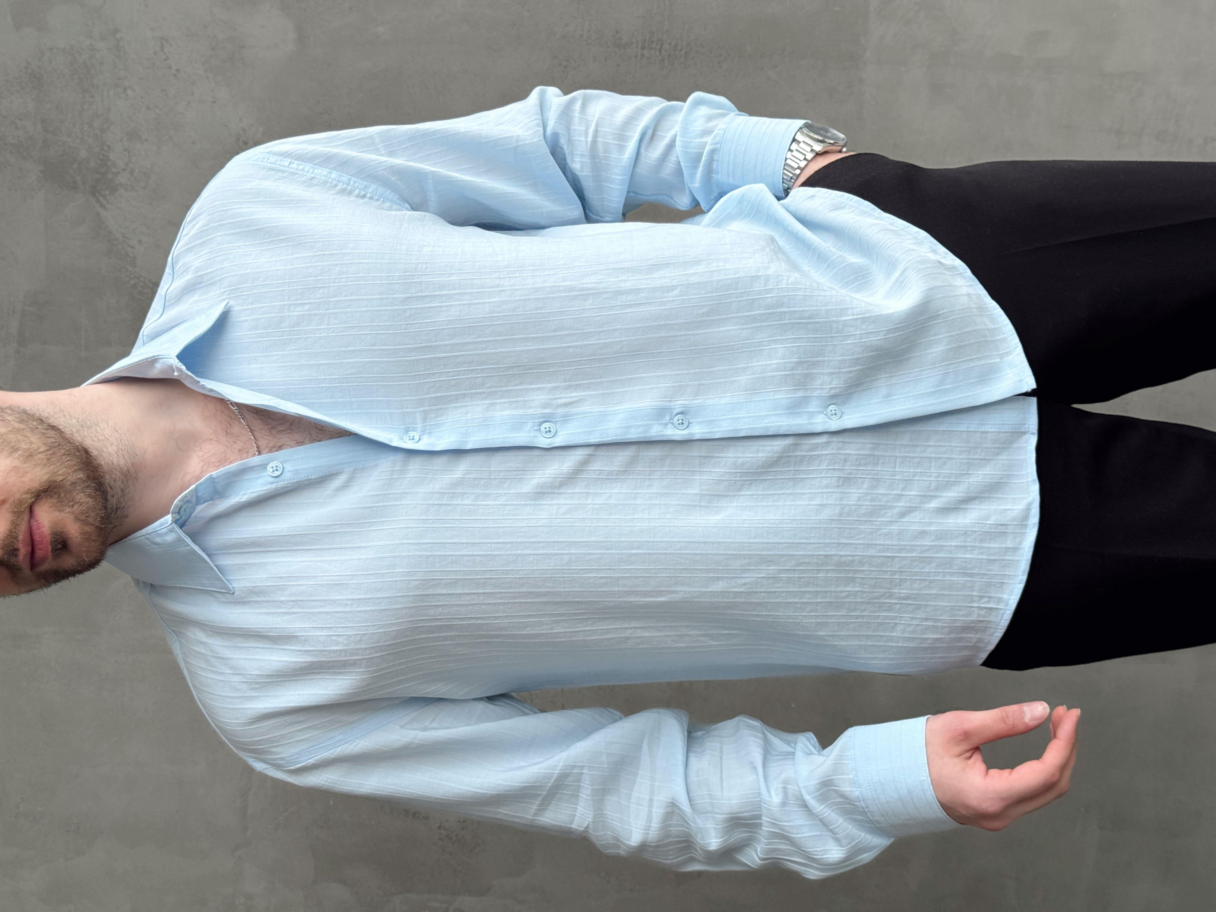 Erkek Özel Premium Seri Oversize Kalıp Çizgi Detaylı Lyocell Kumaş Gömlek-Bebe Mavi(E1679)