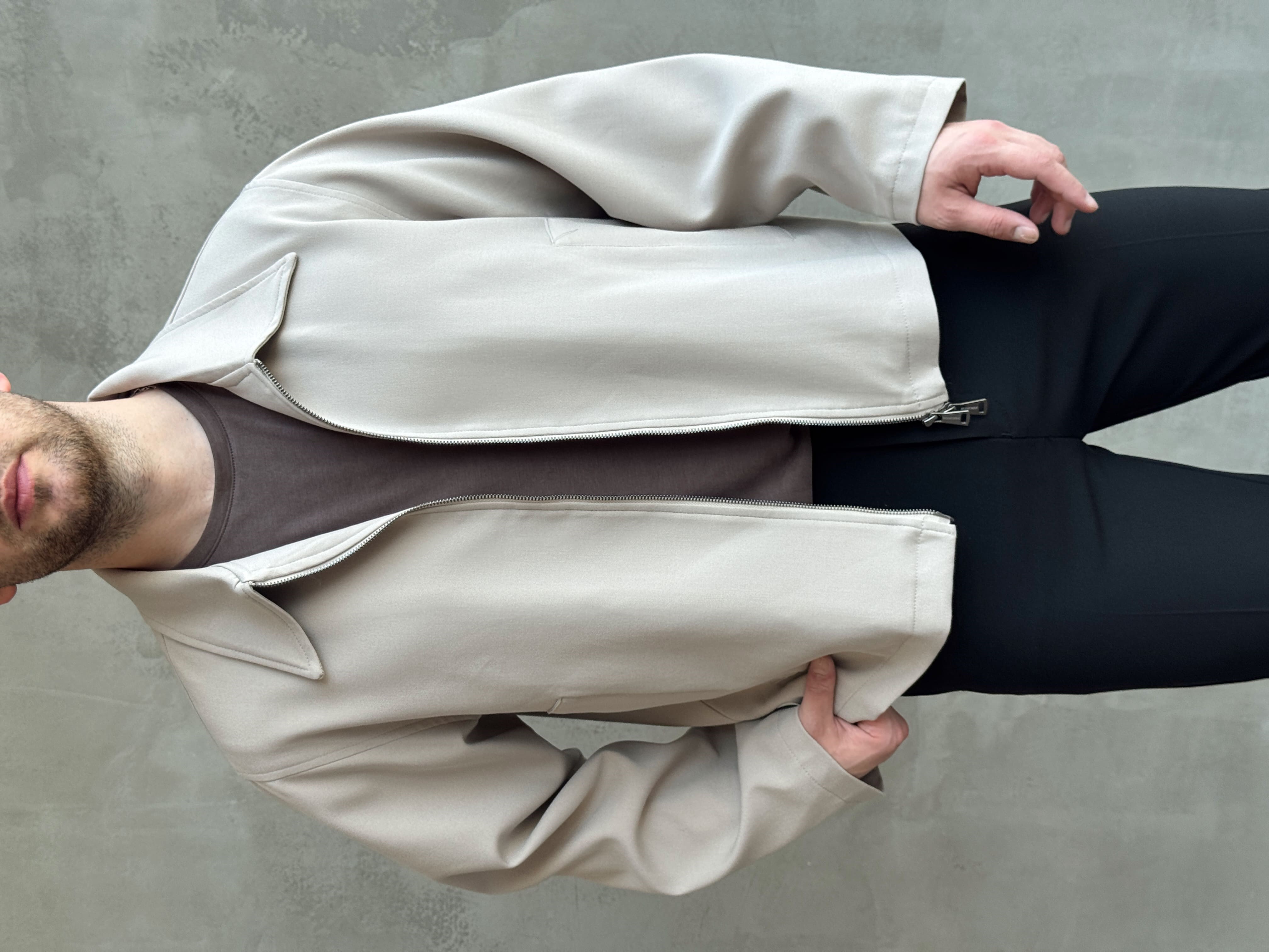 Erkek Özel Premium Seri Oversize Kalıp Çift Astarlı Düz Model Gabardin Kumaş Ceket-Bej(E1761)Ketench