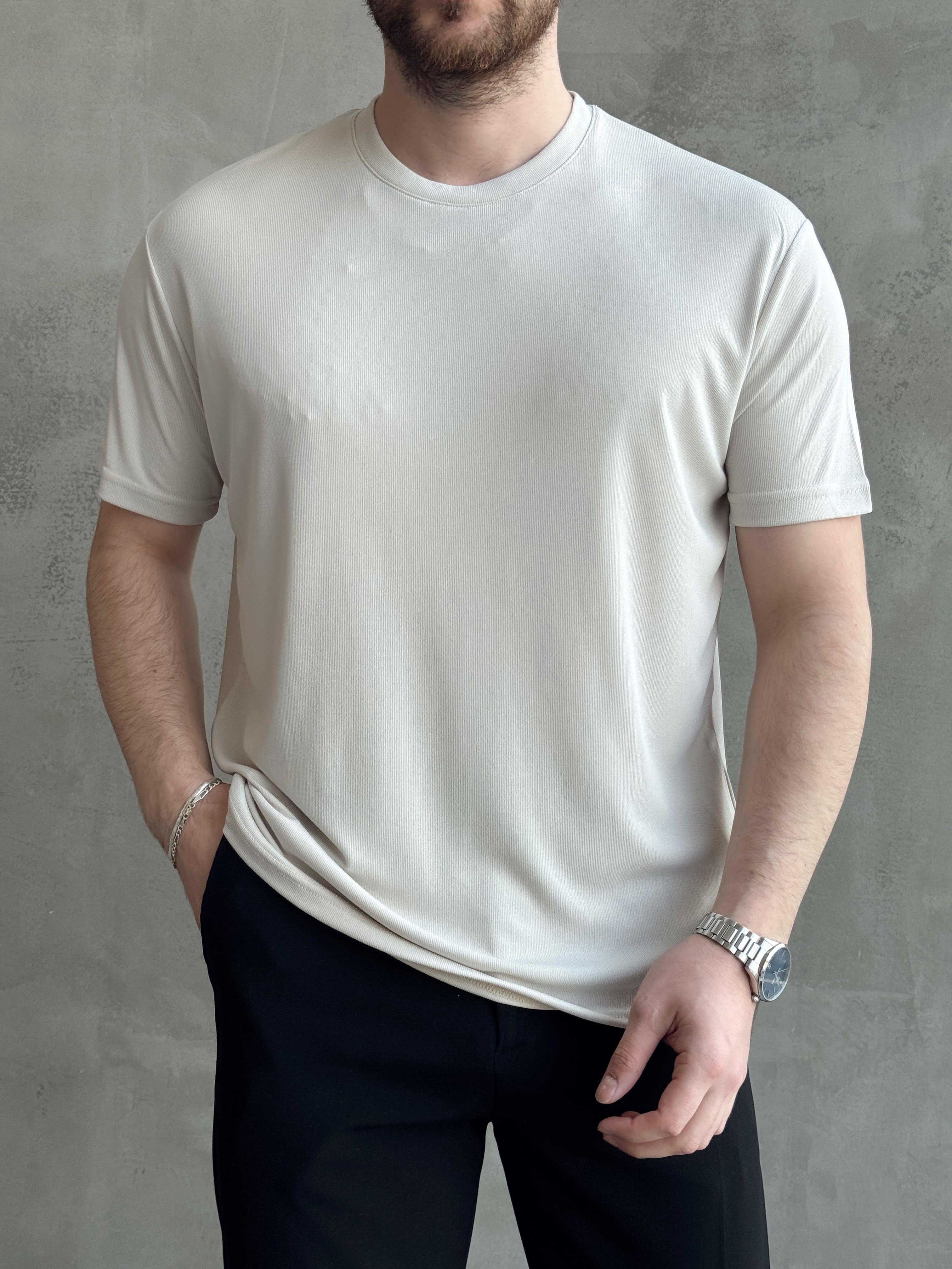 Erkek Özel Premium Seri Oversize Kalıp Bisiklet Yaka Luxury Comfort T-Shirt-Bej(1628)Ketench