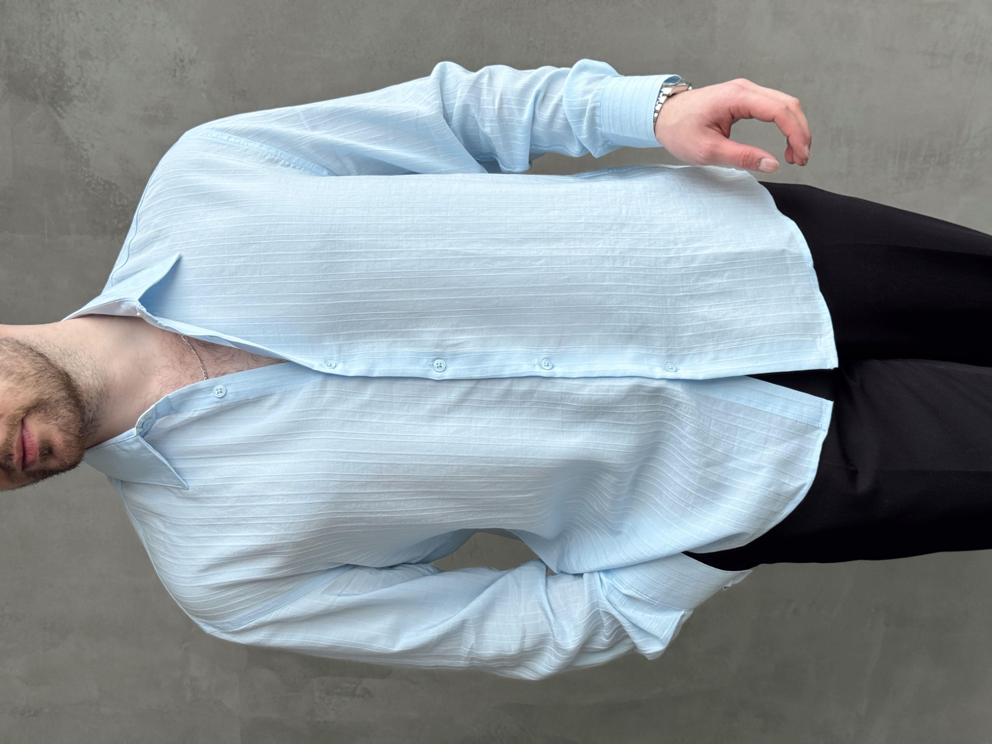 Erkek Özel Premium Seri Oversize Kalıp Çizgi Detaylı Lyocell Kumaş Gömlek-Bebe Mavi(E1679)