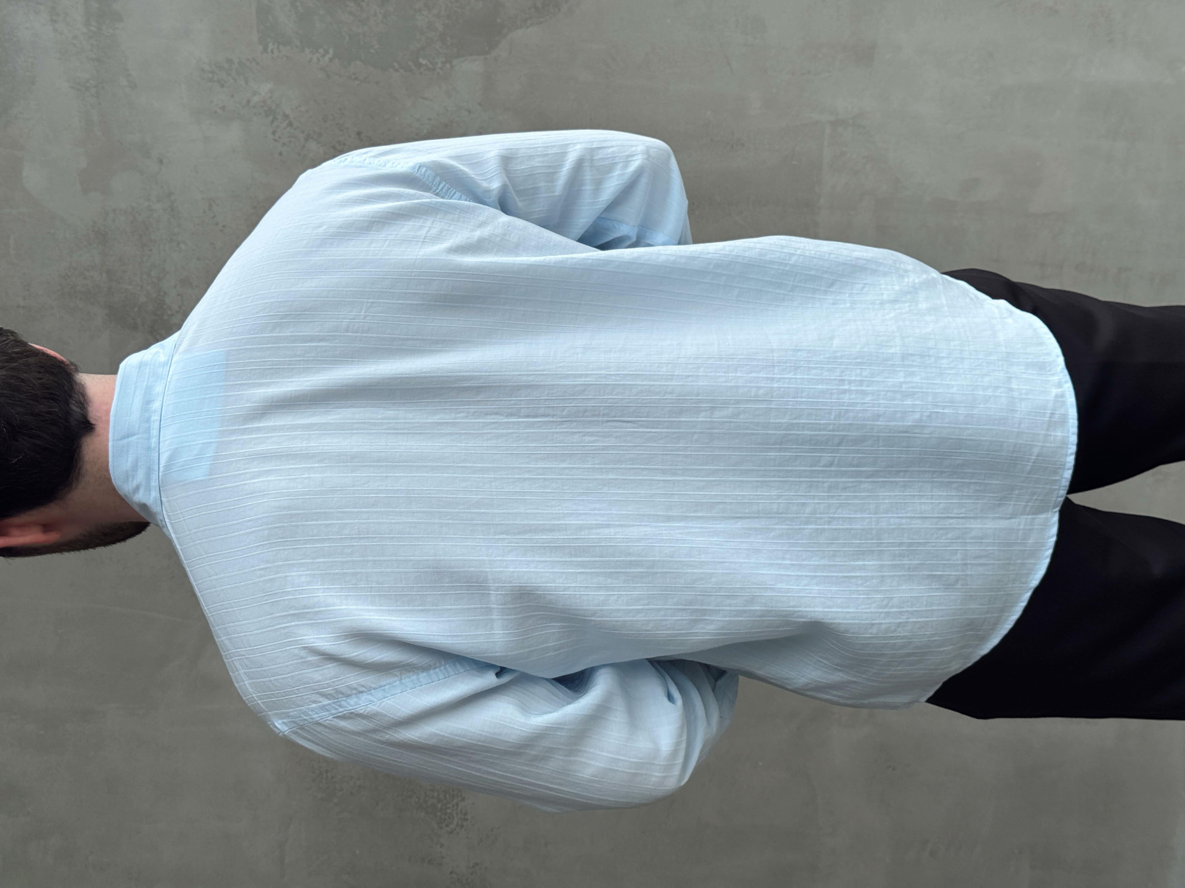 Erkek Özel Premium Seri Oversize Kalıp Çizgi Detaylı Lyocell Kumaş Gömlek-Bebe Mavi(E1679)