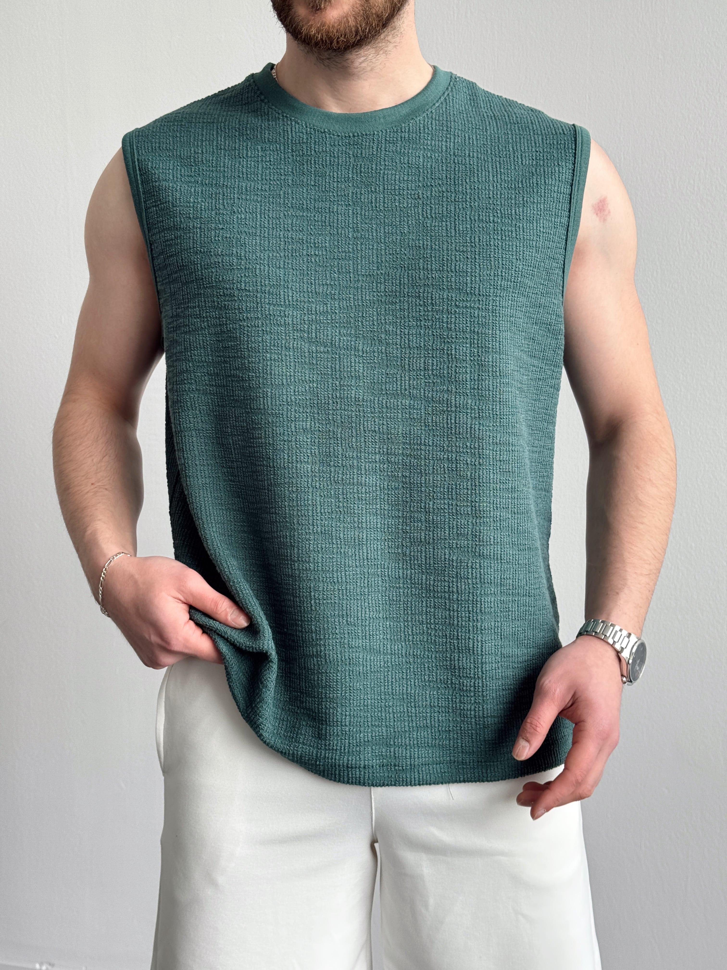 Erkek Özel Premium Seri Regular Fit Dokulu Kolsuz T-Shirt-Yeşil(E1354)Ketench