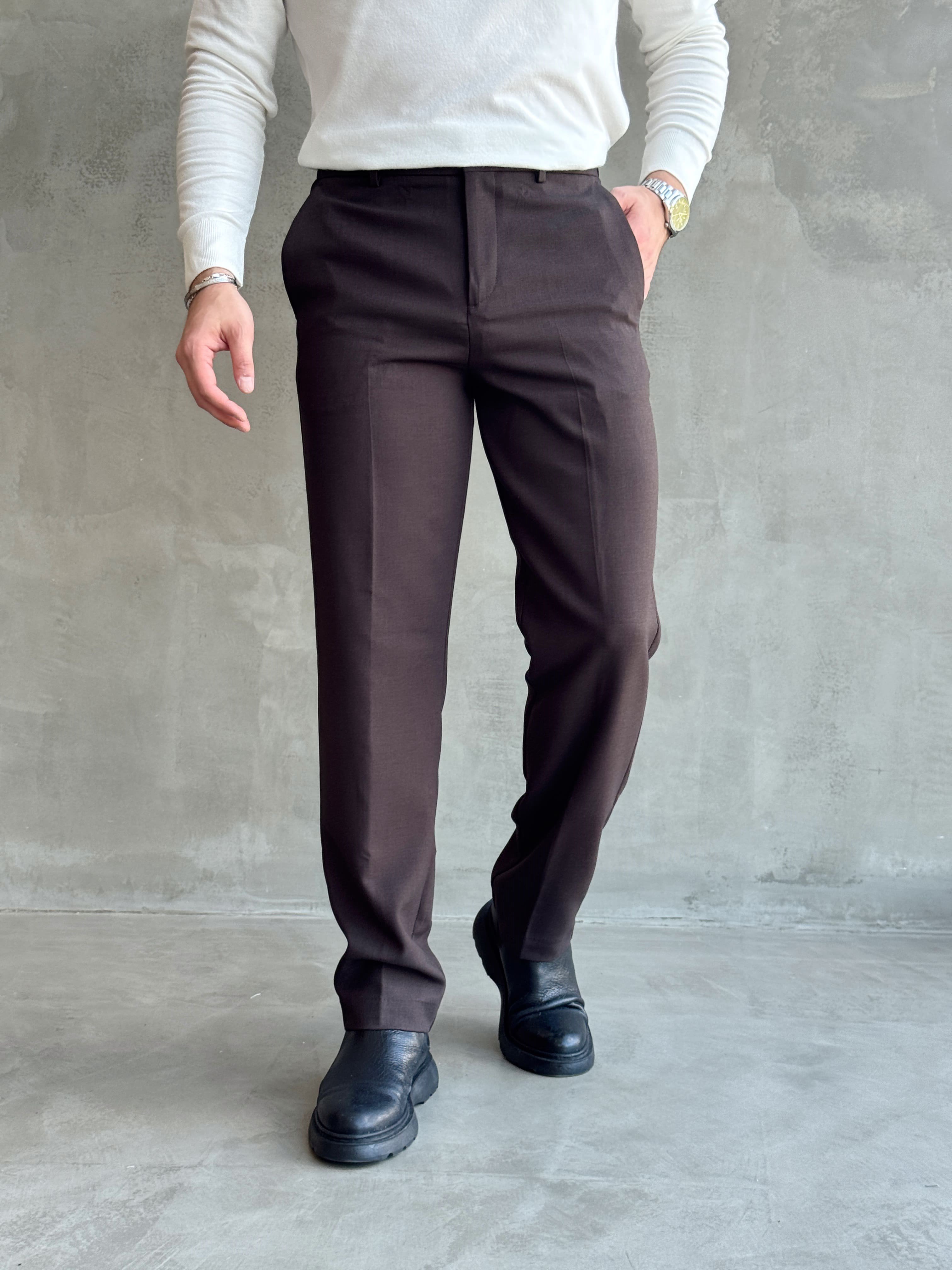 Erkek Özel Premium Seri Regular Fit Kalıp Kışlık Kumaş Pantolon-Kahverengi(E1821)