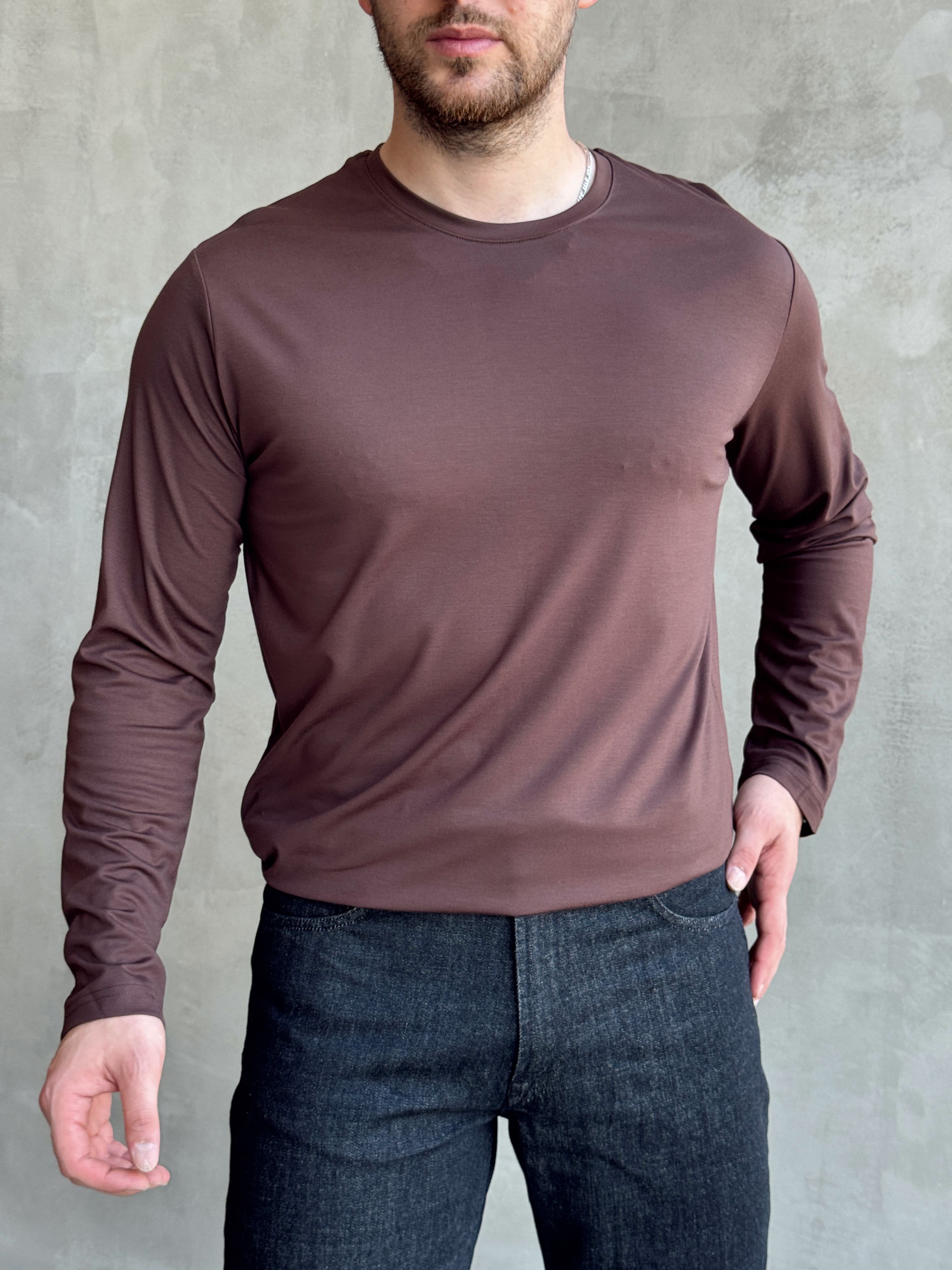 Erkek Özel Premium Seri Relax Fit Bisiklet Yaka İnce Uzun Kollu Basic T-Shirt-Kahverengi(E1816)