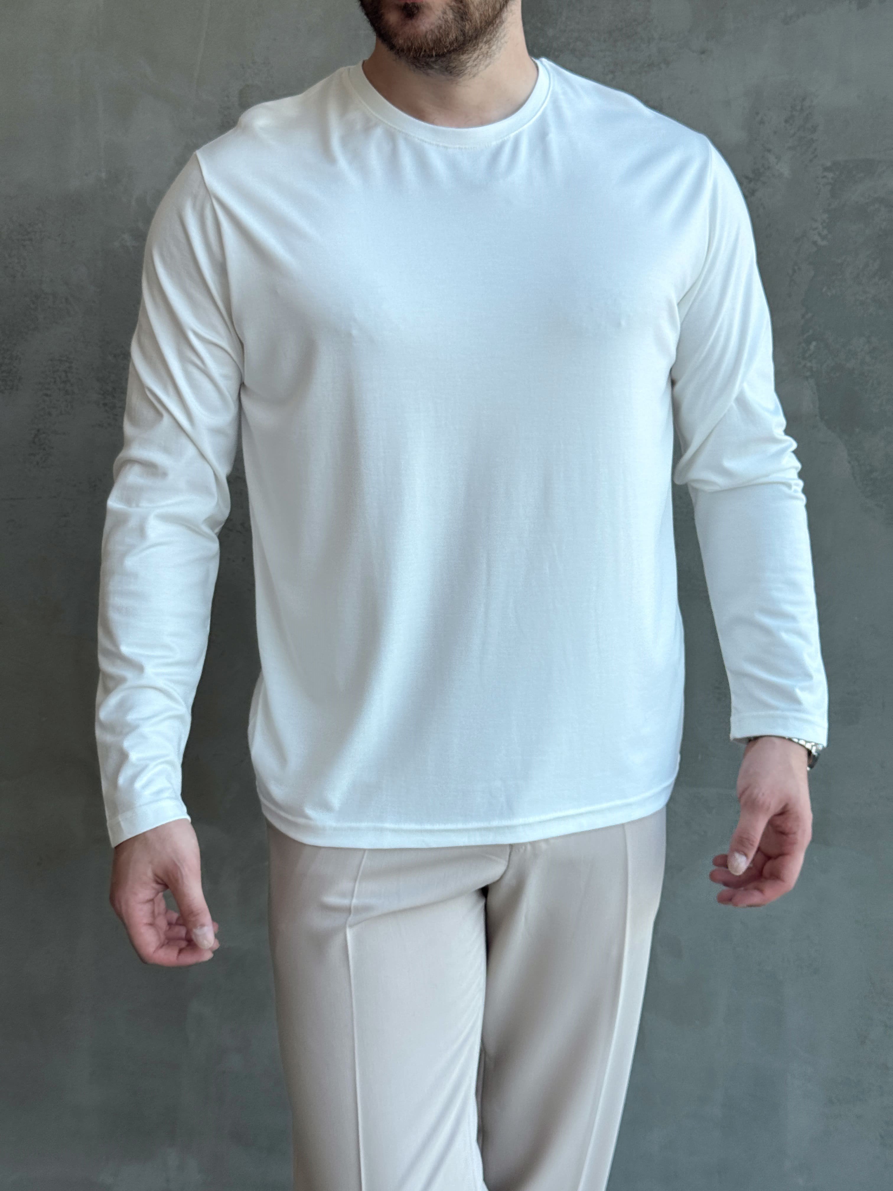 Erkek Özel Premium Seri Relax Fit Bisiklet Yaka İnce Uzun Kollu Basic T-Shirt-Beyaz(E1816)