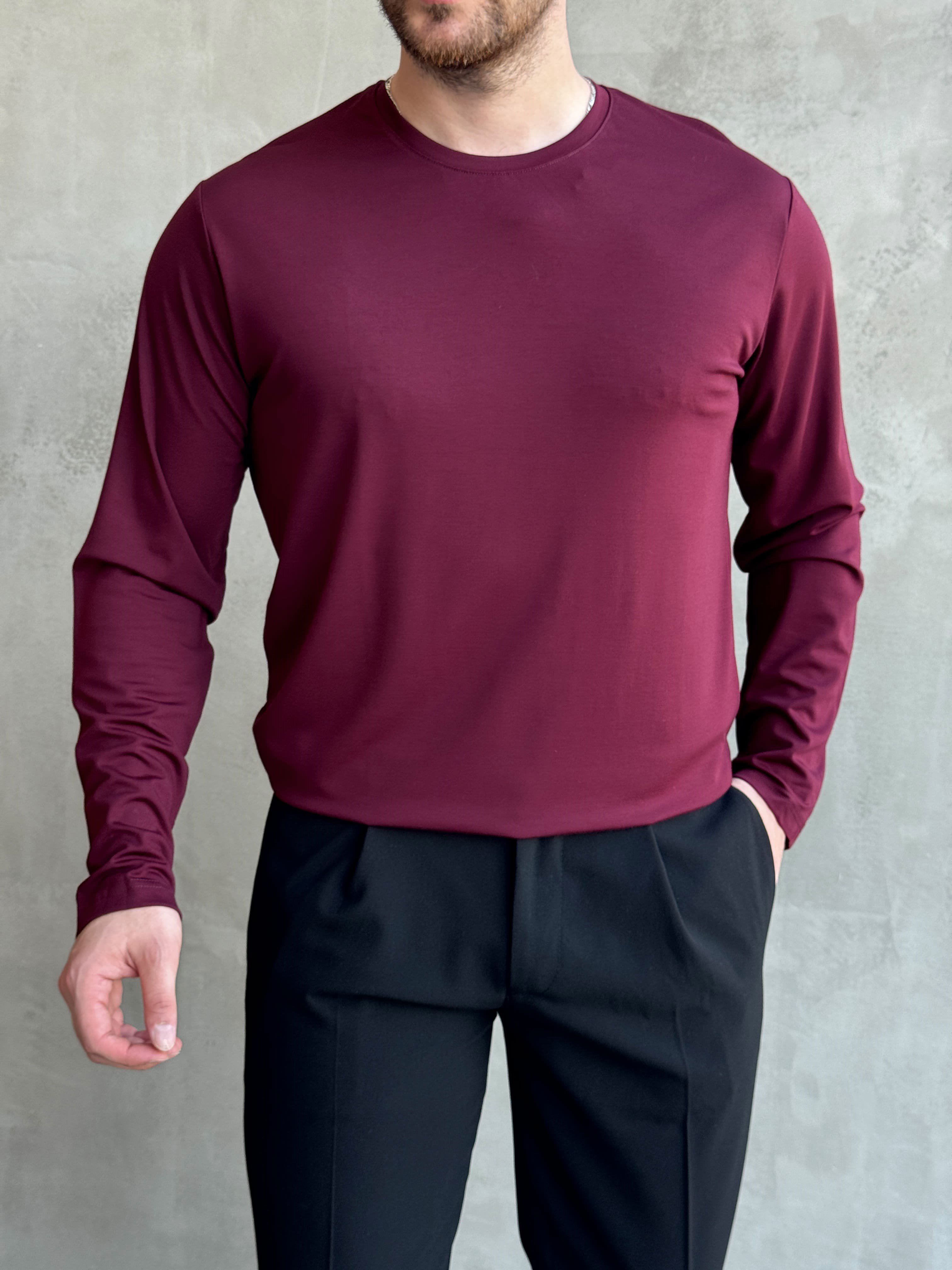 Erkek Özel Premium Seri Relax Fit Bisiklet Yaka İnce Uzun Kollu Basic T-Shirt-Bordo(E1816)