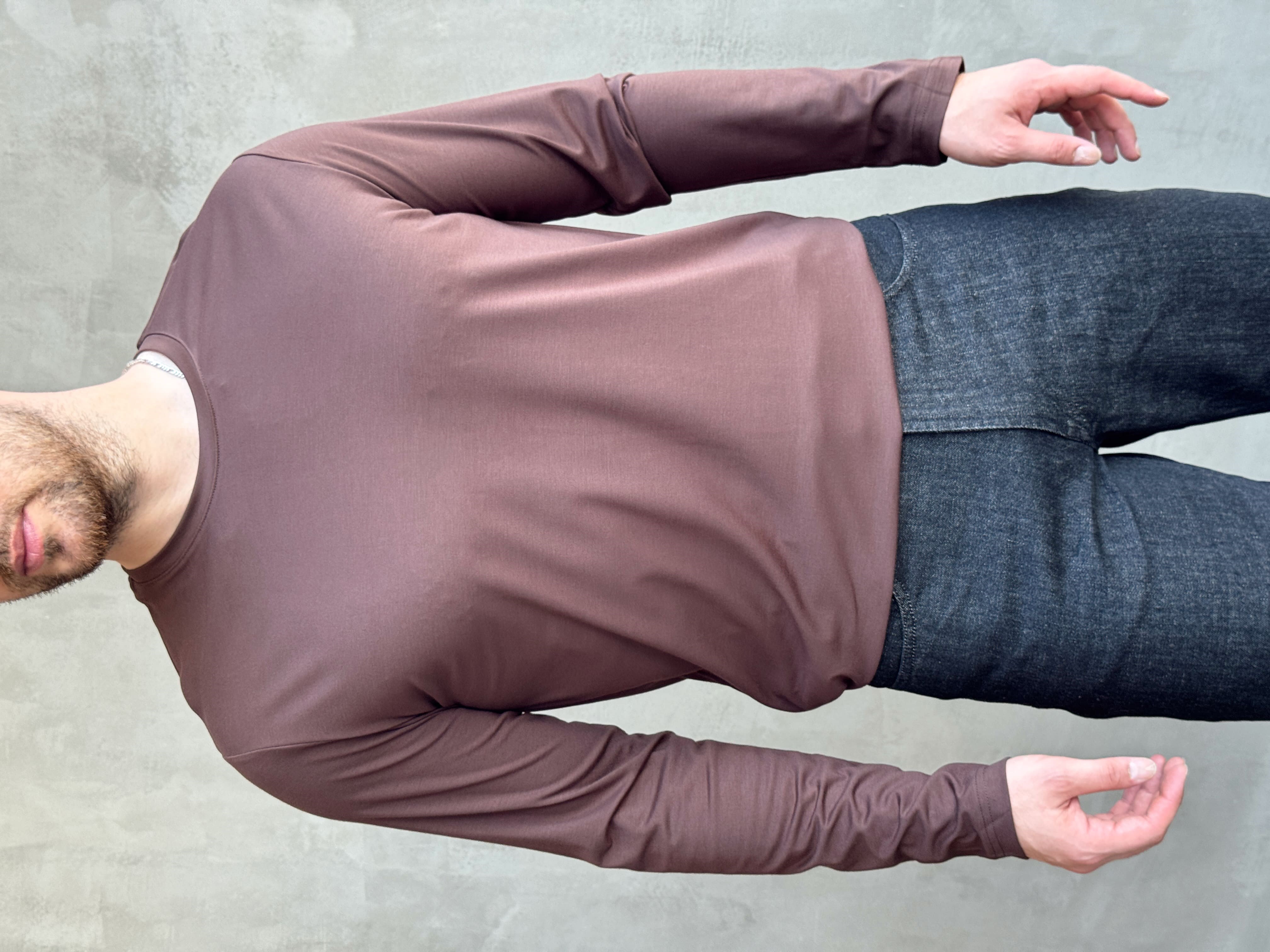 Erkek Özel Premium Seri Relax Fit Bisiklet Yaka İnce Uzun Kollu Basic T-Shirt-Kahverengi(E1816)