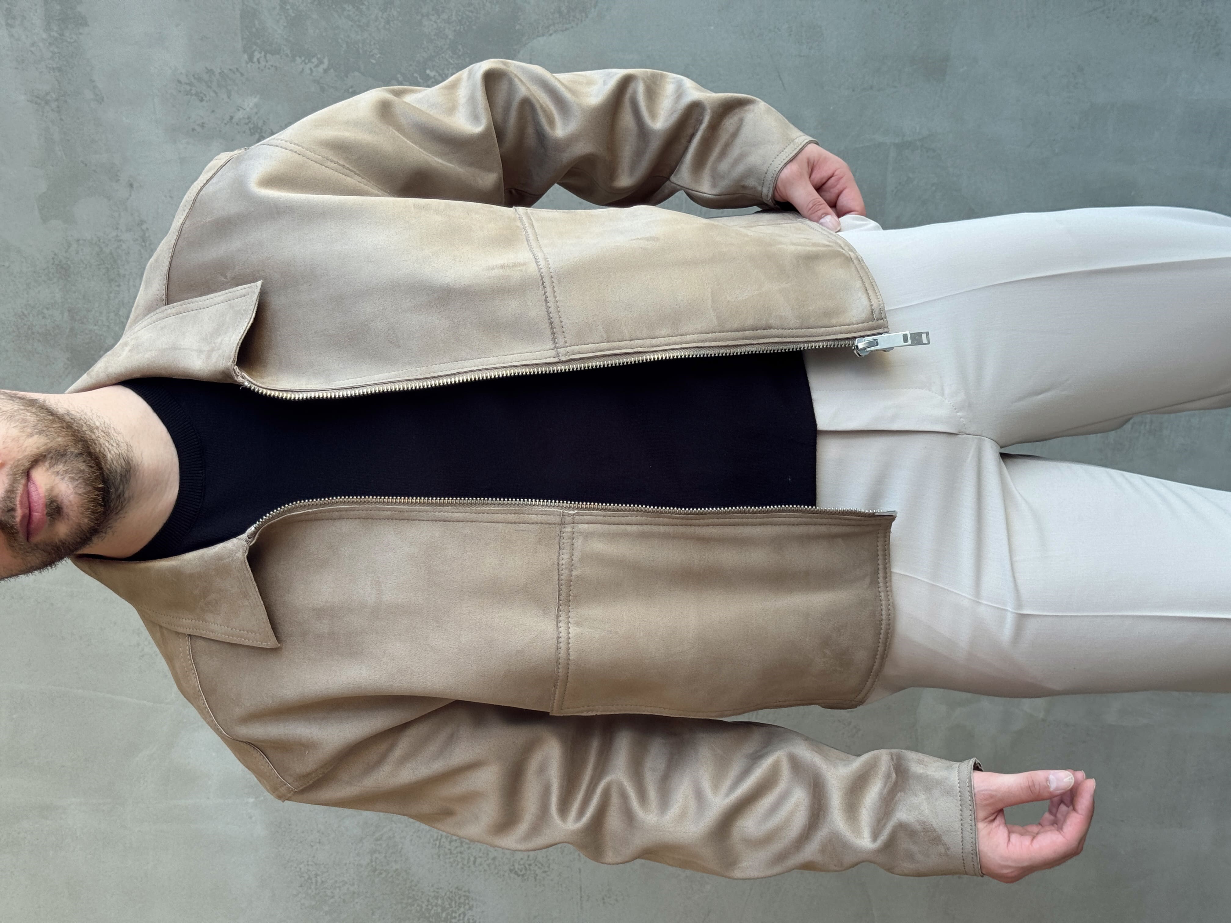 Erkek Özel Premium Seri Relax Fit Çift Fermuarlı Süet Deri Ceket-Bej(E1819)