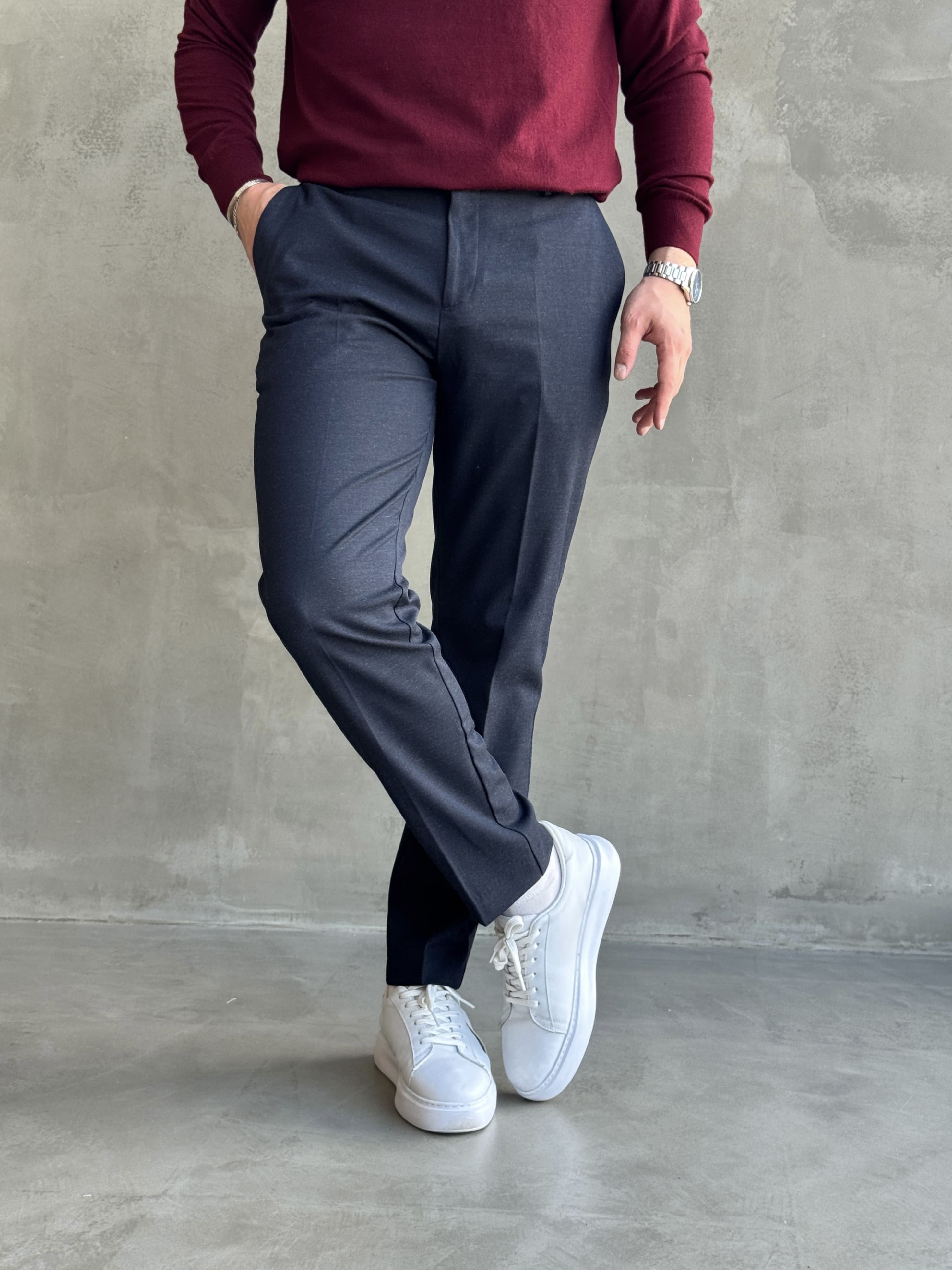 Erkek Özel Premium Seri Yüksek Bel Kopçalı Comfort Slim Kalıp Kışlık Kumaş Pantolon-Lacivert(E1822)