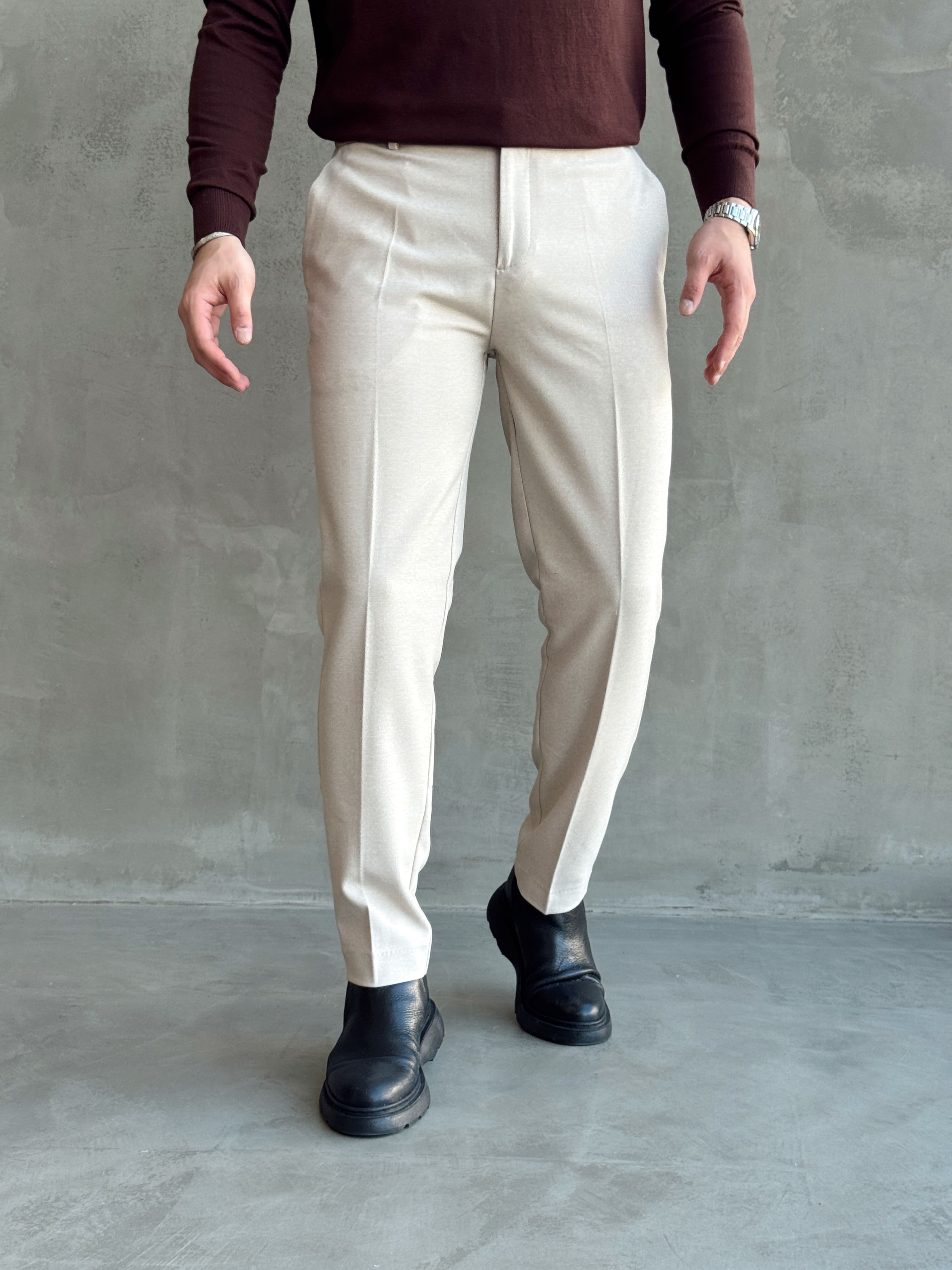Erkek Özel Premium Seri Yüksek Bel Kopçalı Comfort Slim Kalıp Kışlık Kumaş Pantolon-Bej(E1822)