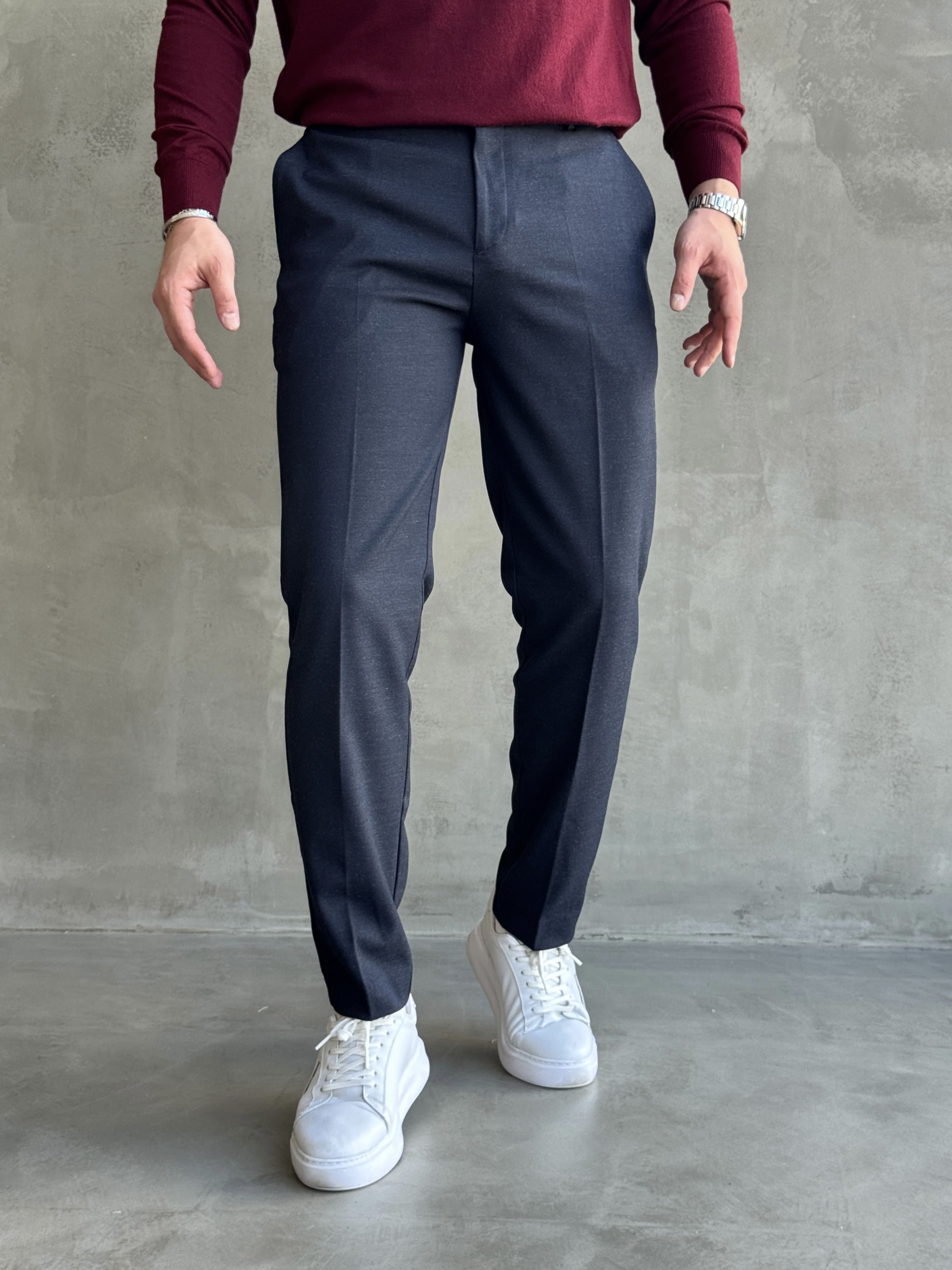 Erkek Özel Premium Seri Yüksek Bel Kopçalı Comfort Slim Kalıp Kışlık Kumaş Pantolon-Lacivert(E1822)