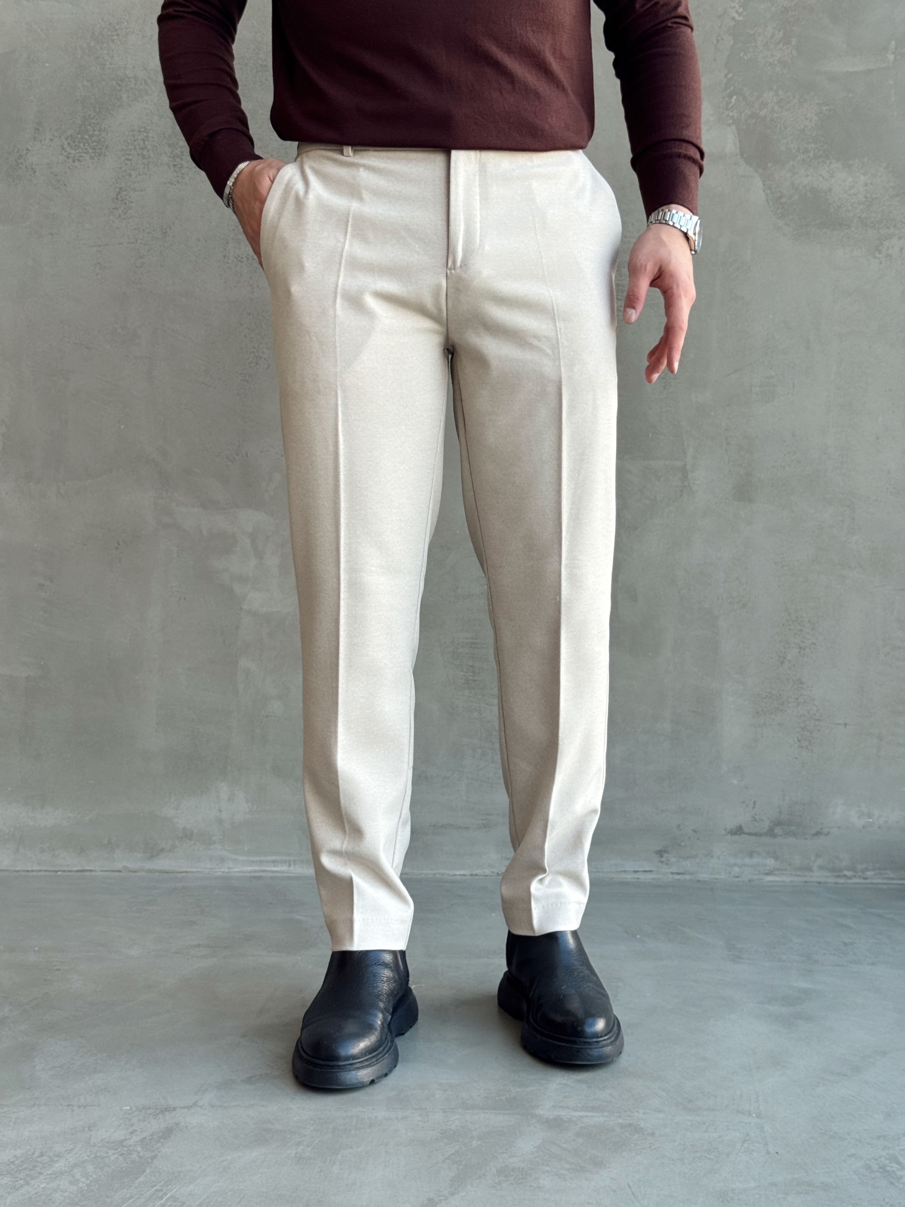 Erkek Özel Premium Seri Yüksek Bel Kopçalı Comfort Slim Kalıp Kışlık Kumaş Pantolon-Bej(E1822)
