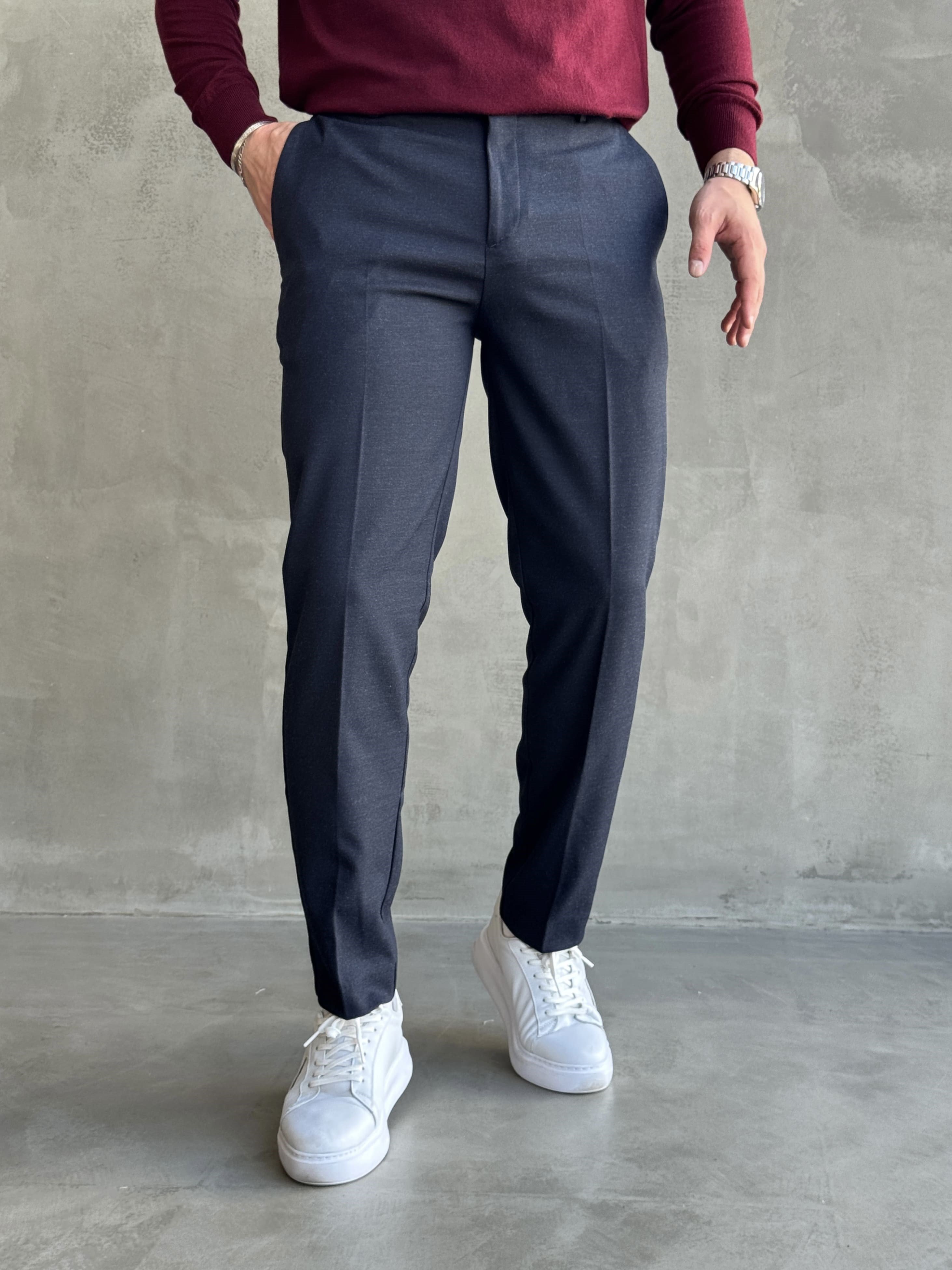 Erkek Özel Premium Seri Yüksek Bel Kopçalı Comfort Slim Kalıp Kışlık Kumaş Pantolon-Lacivert(E1822)