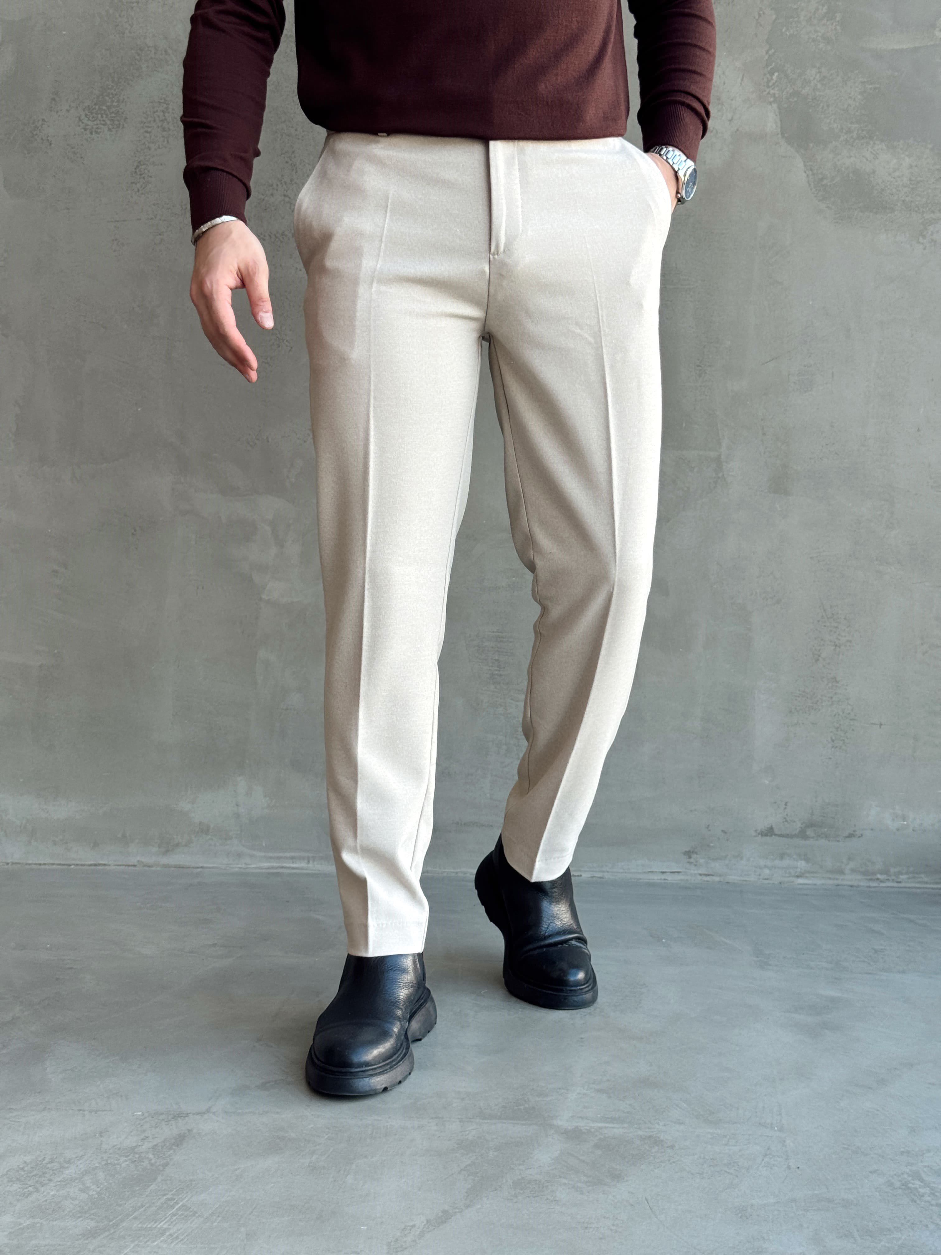 Erkek Özel Premium Seri Yüksek Bel Kopçalı Comfort Slim Kalıp Kışlık Kumaş Pantolon-Bej(E1822)