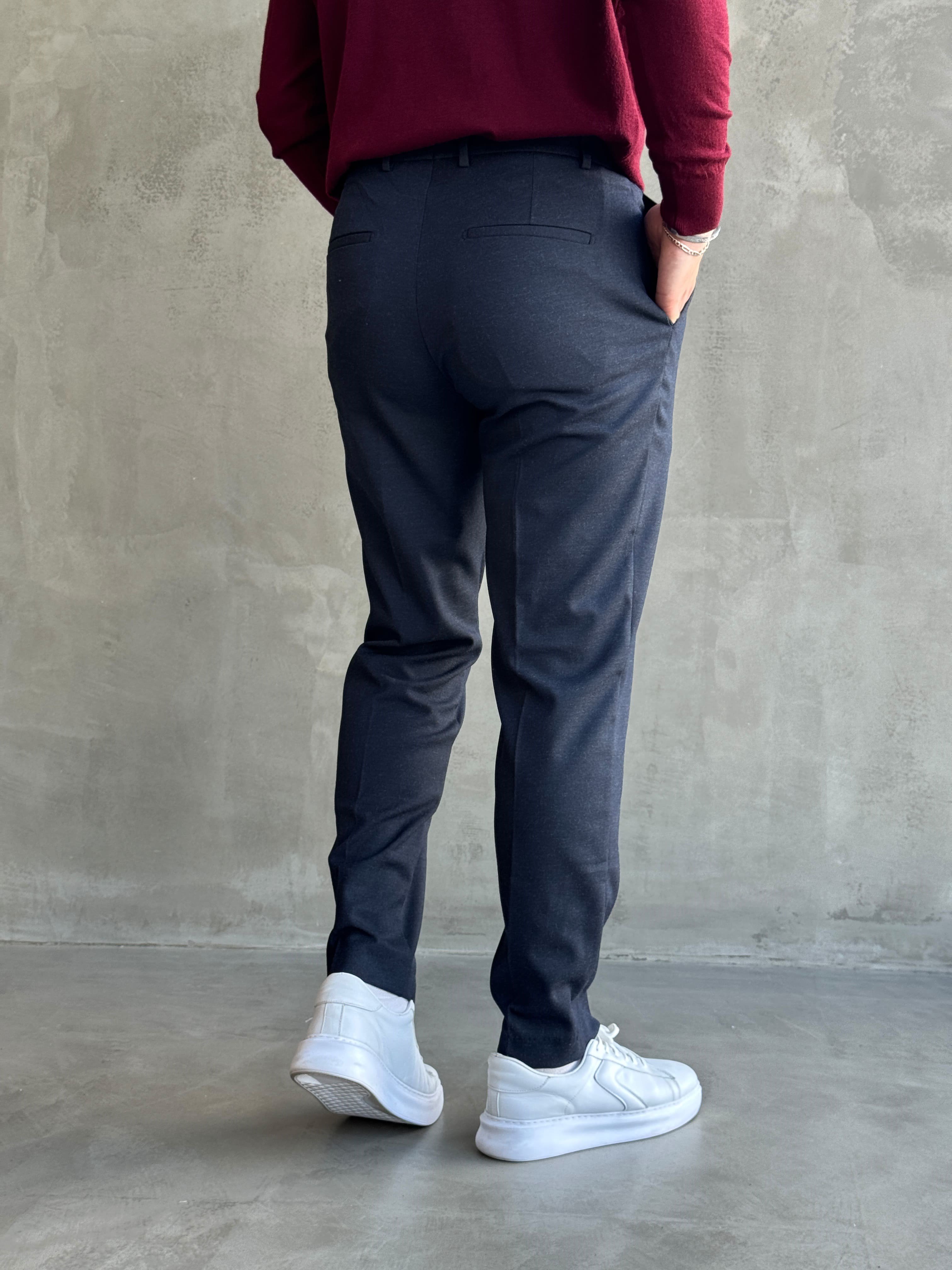 Erkek Özel Premium Seri Yüksek Bel Kopçalı Comfort Slim Kalıp Kışlık Kumaş Pantolon-Lacivert(E1822)