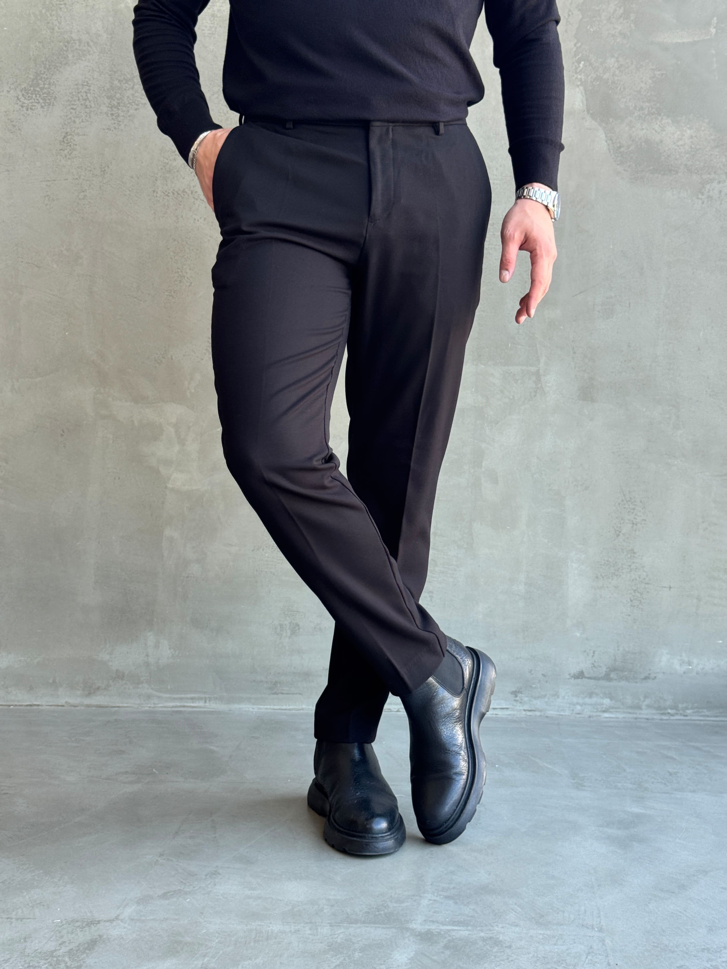 Erkek Özel Premium Seri Yüksek Bel Kopçalı Comfort Slim Kalıp Kışlık Kumaş Pantolon-Siyah(E1822)