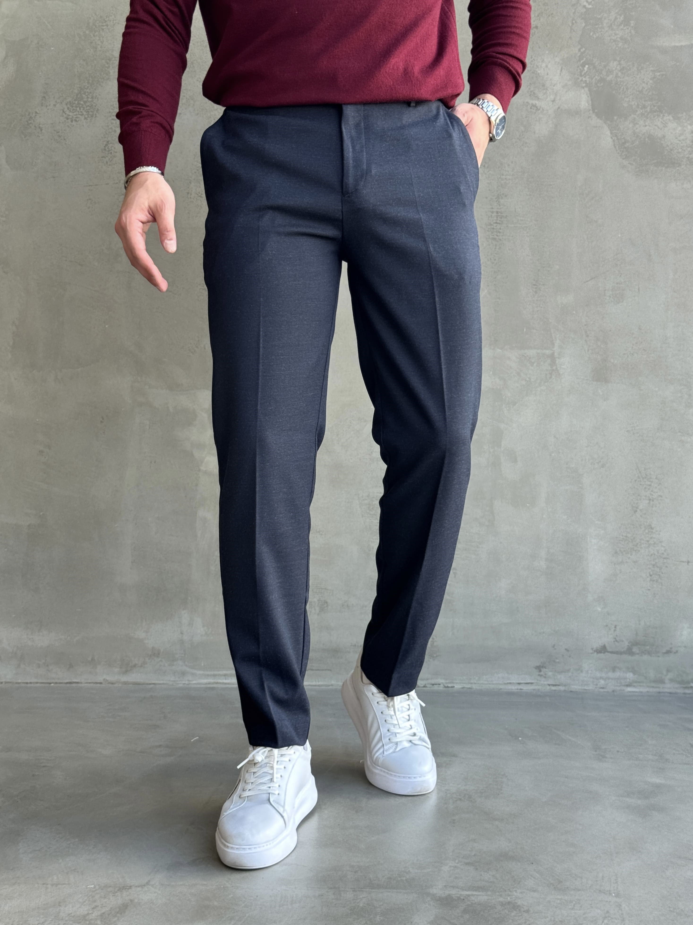 Erkek Özel Premium Seri Yüksek Bel Kopçalı Comfort Slim Kalıp Kışlık Kumaş Pantolon-Lacivert(E1822)