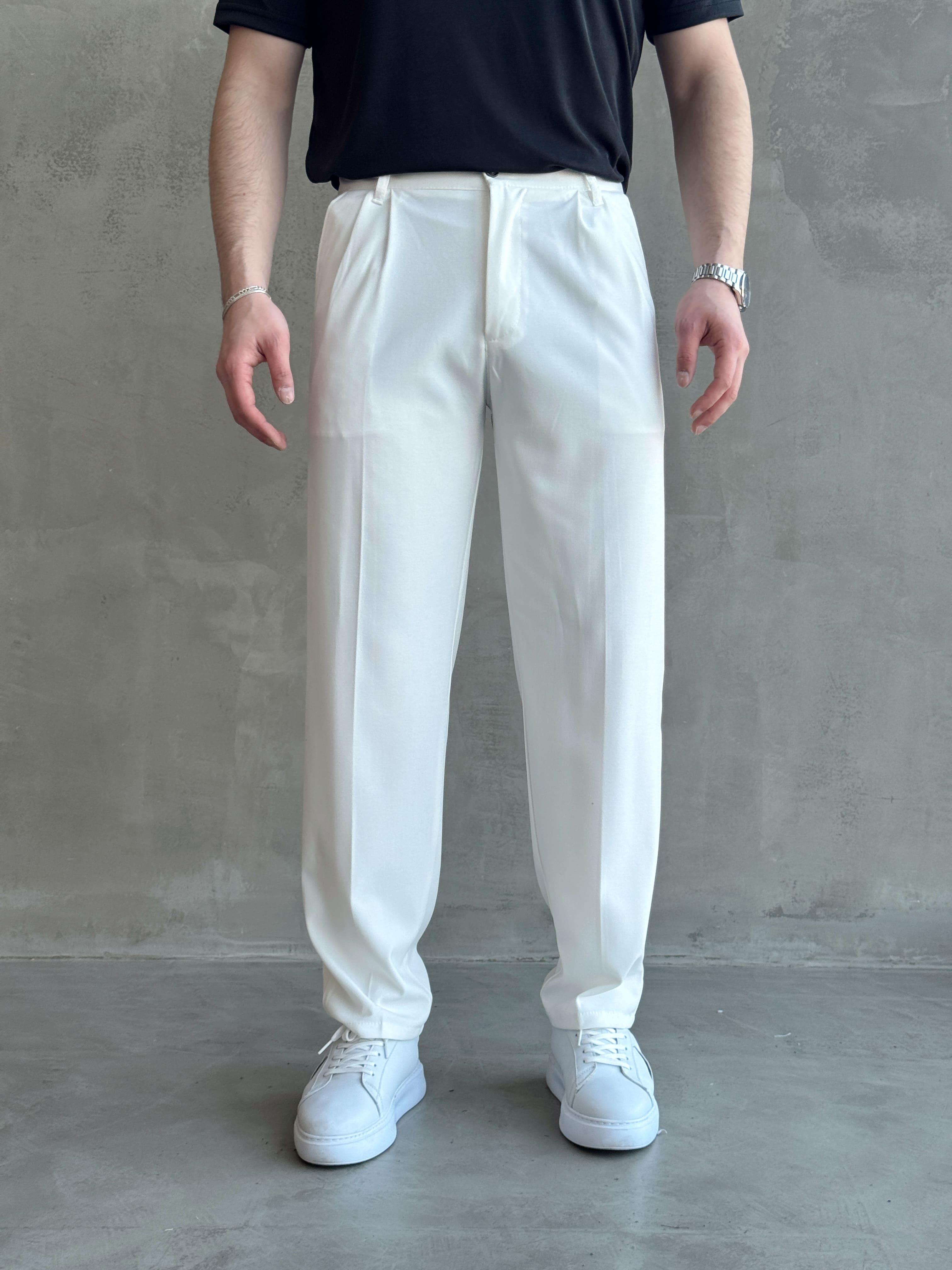 Erkek Pileli Baggy Beli Lastikli Kumaş Pantolon-Beyaz(E1010)
