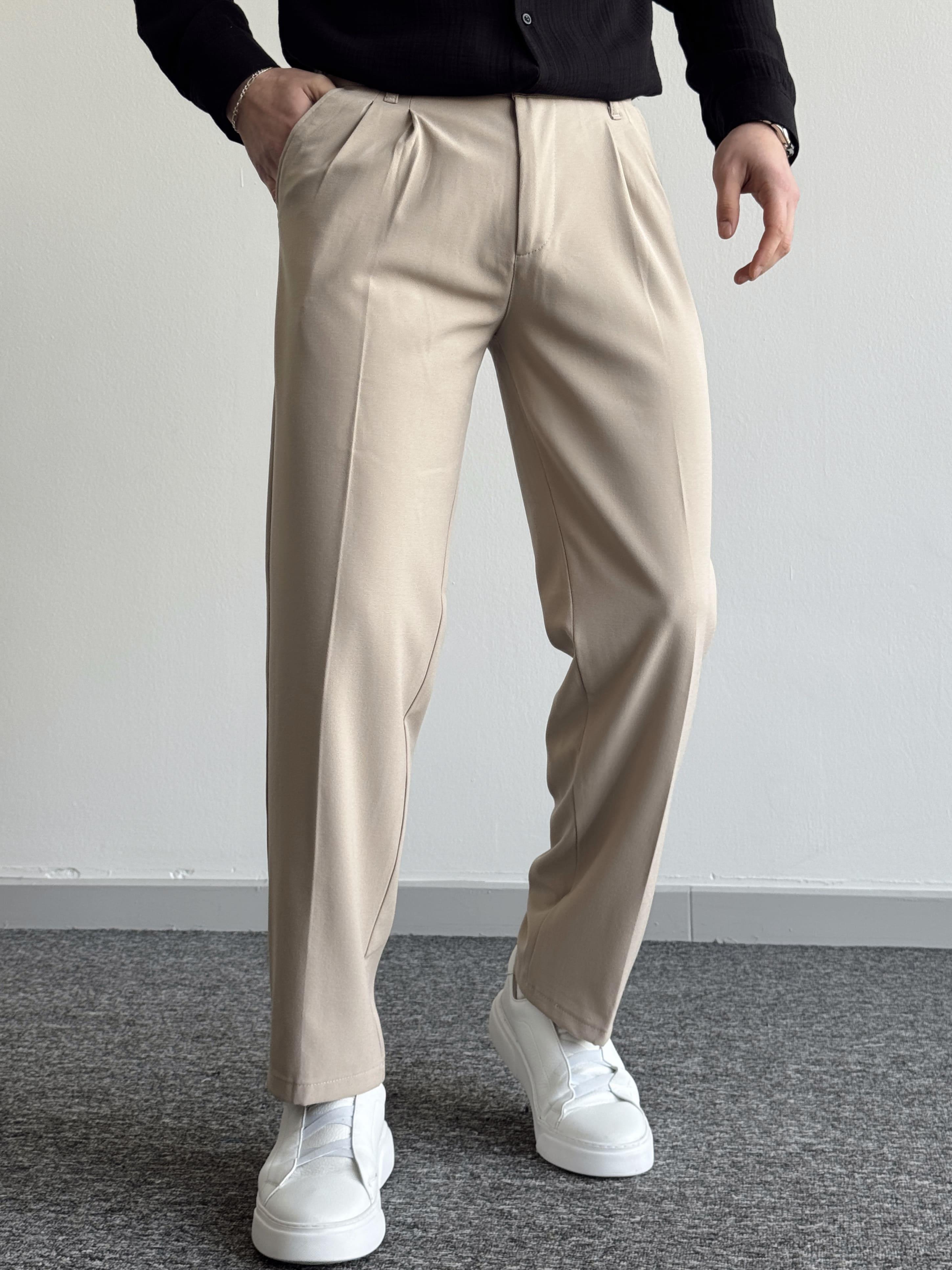 Erkek Pileli Baggy Beli Lastikli Kumaş Pantolon-Bej(E1010)