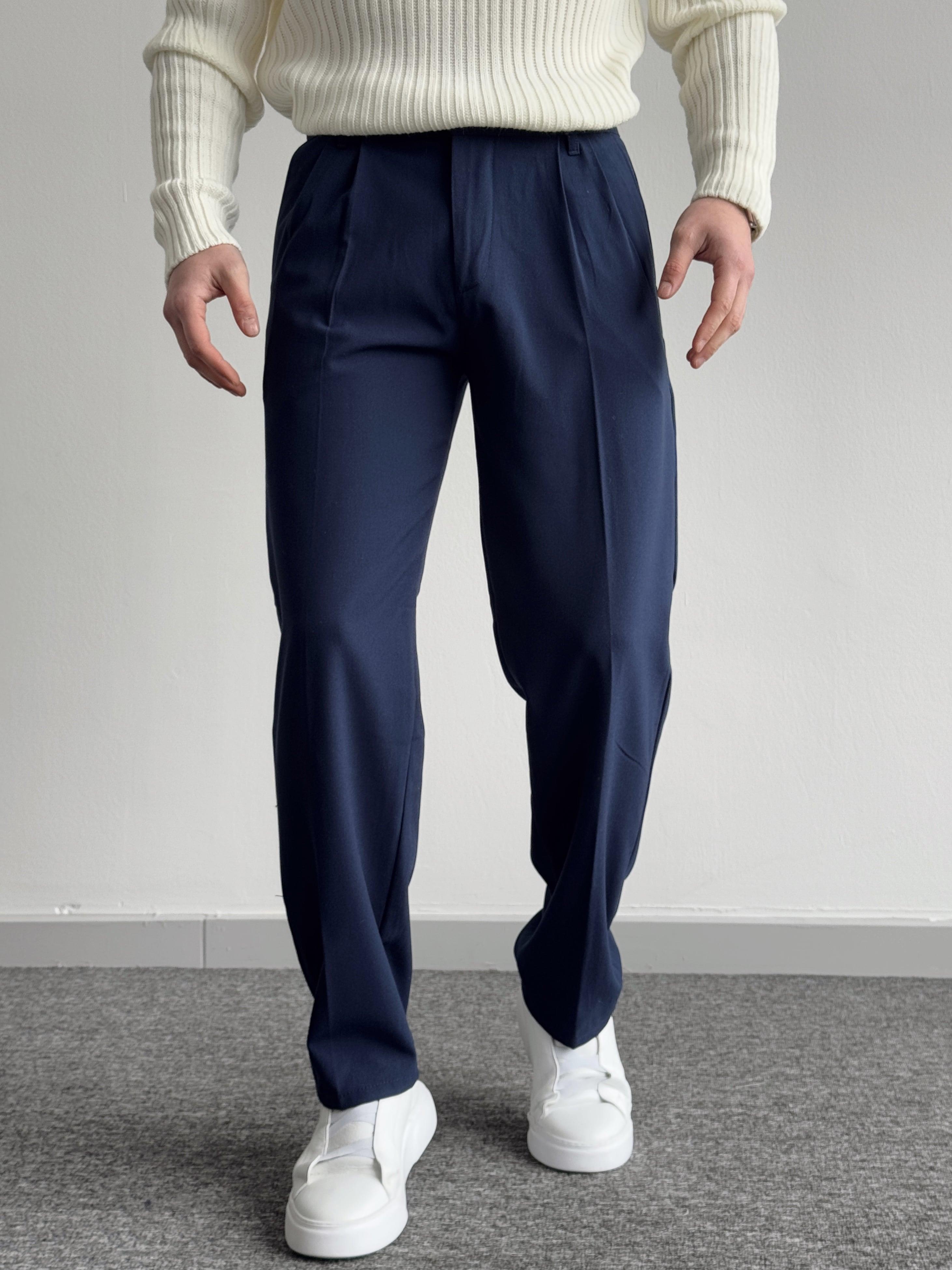 Erkek Pileli Baggy Beli Lastikli Kumaş Pantolon-Lacivert(E1010)Ketench