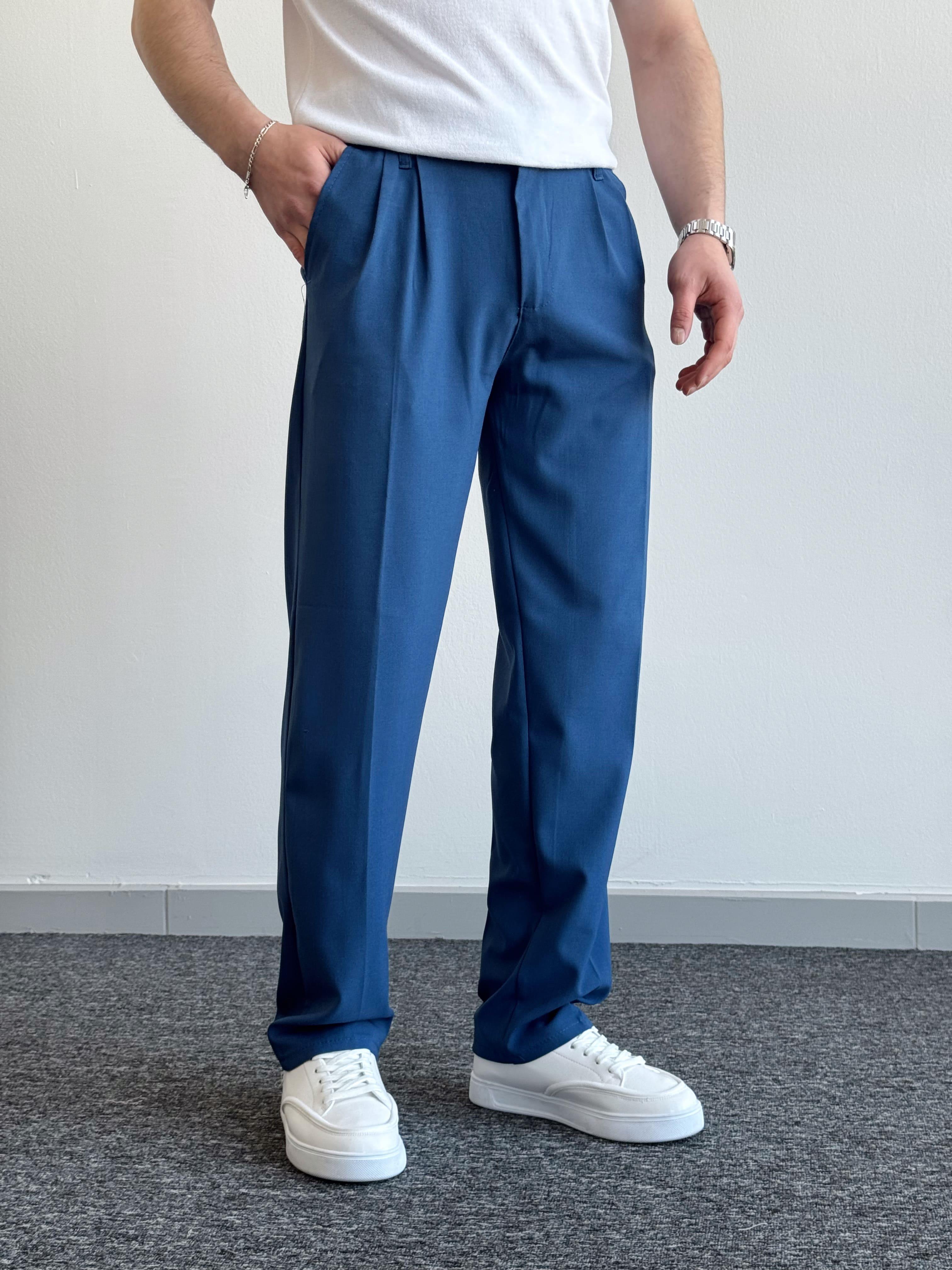 Erkek Pileli Baggy Beli Lastikli Kumaş Pantolon-Koyu Mavi(E1010)