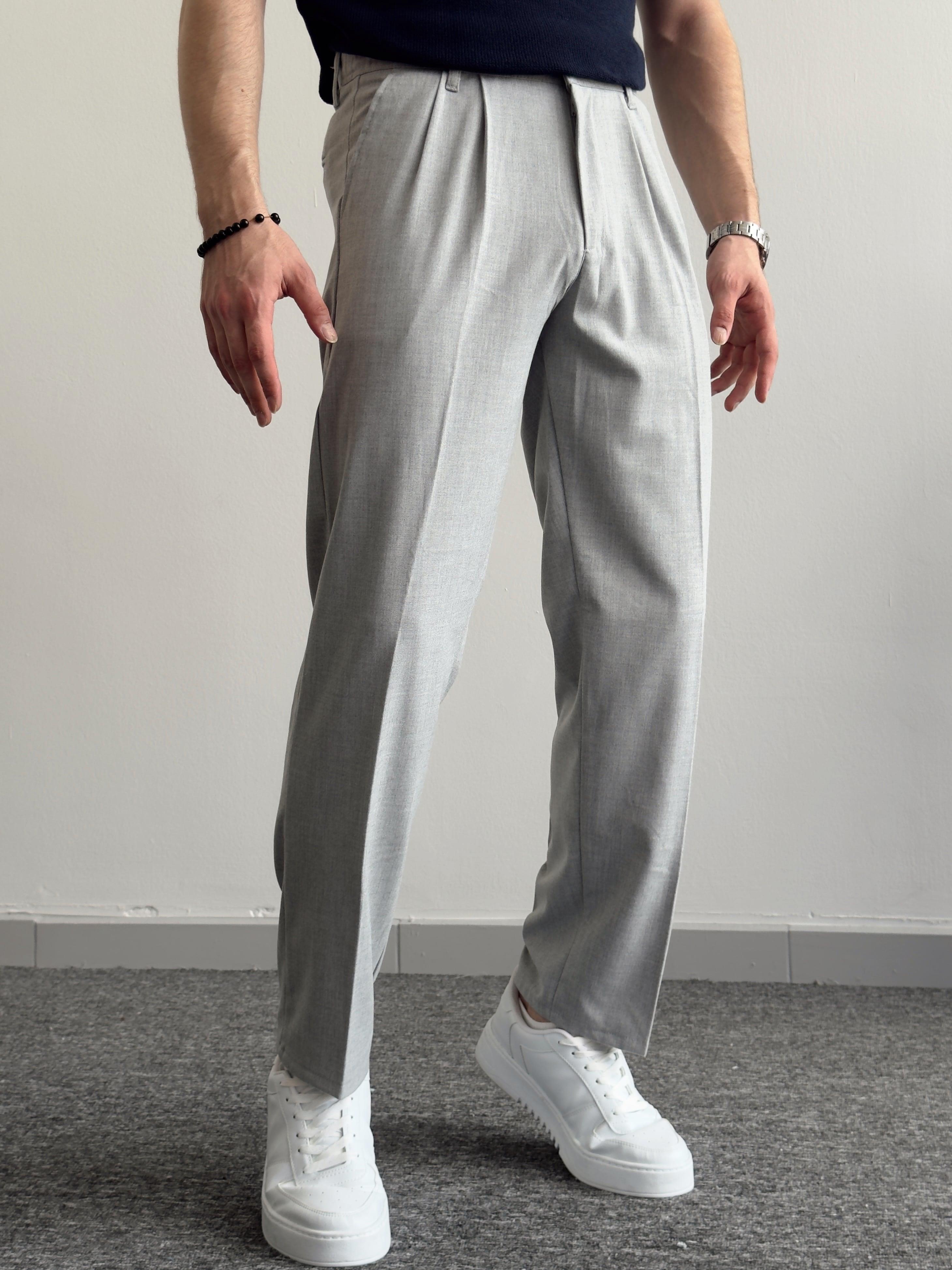 Erkek Pileli Baggy Beli Lastikli Kumaş Pantolon-Gri(E1010)