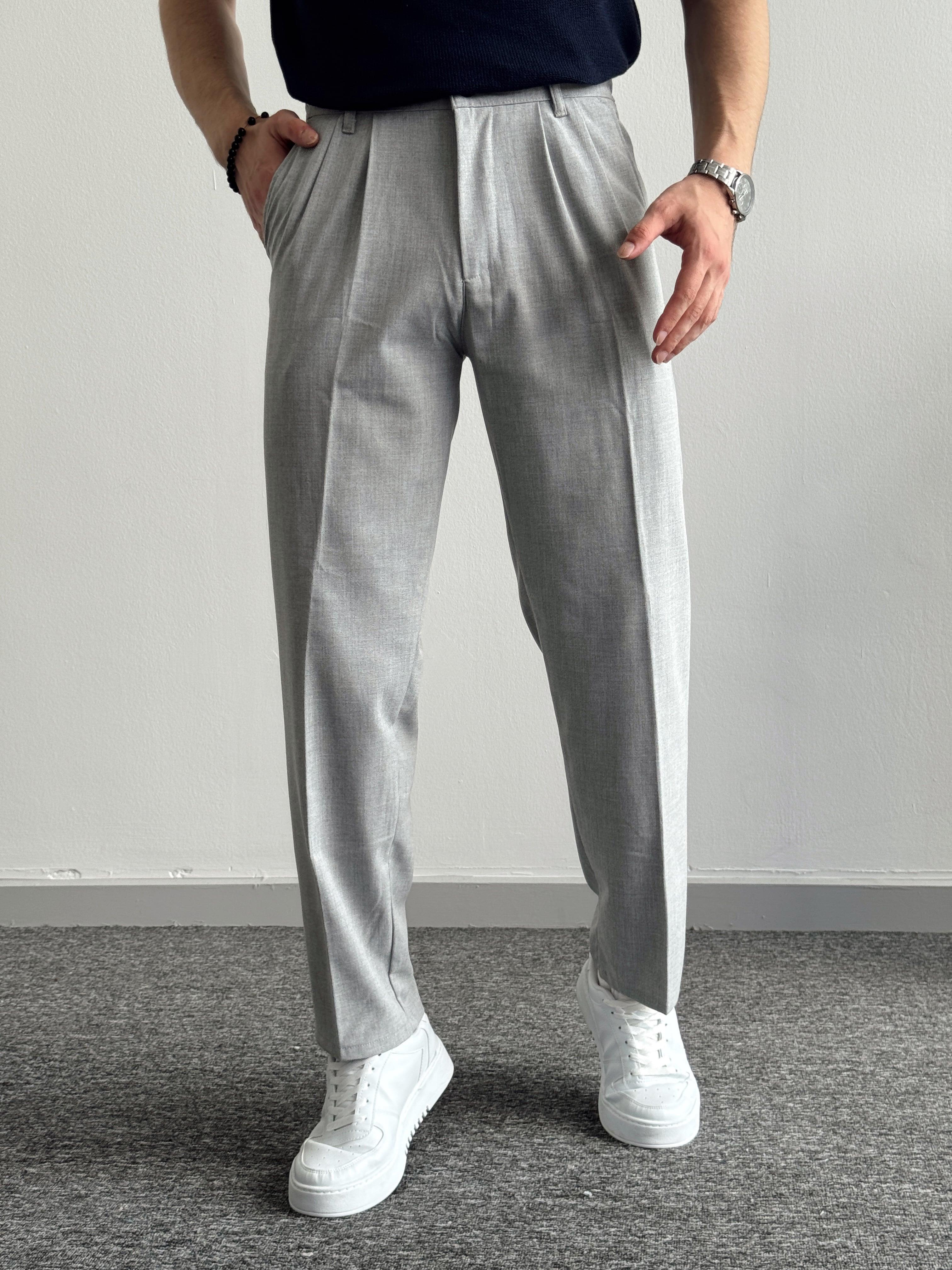 Erkek Pileli Baggy Beli Lastikli Kumaş Pantolon-Gri(E1010)