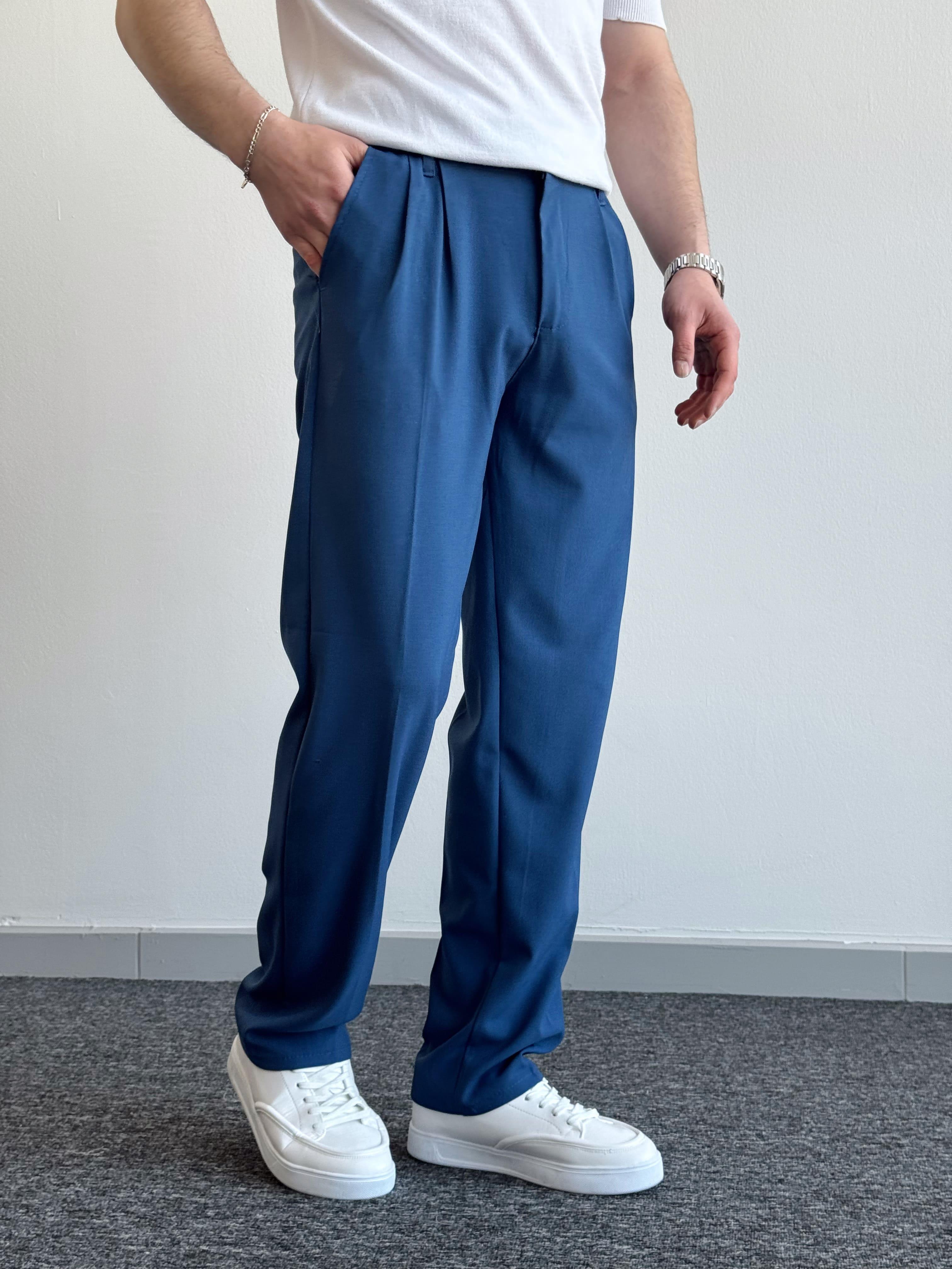 Erkek Pileli Baggy Beli Lastikli Kumaş Pantolon-Koyu Mavi(E1010)