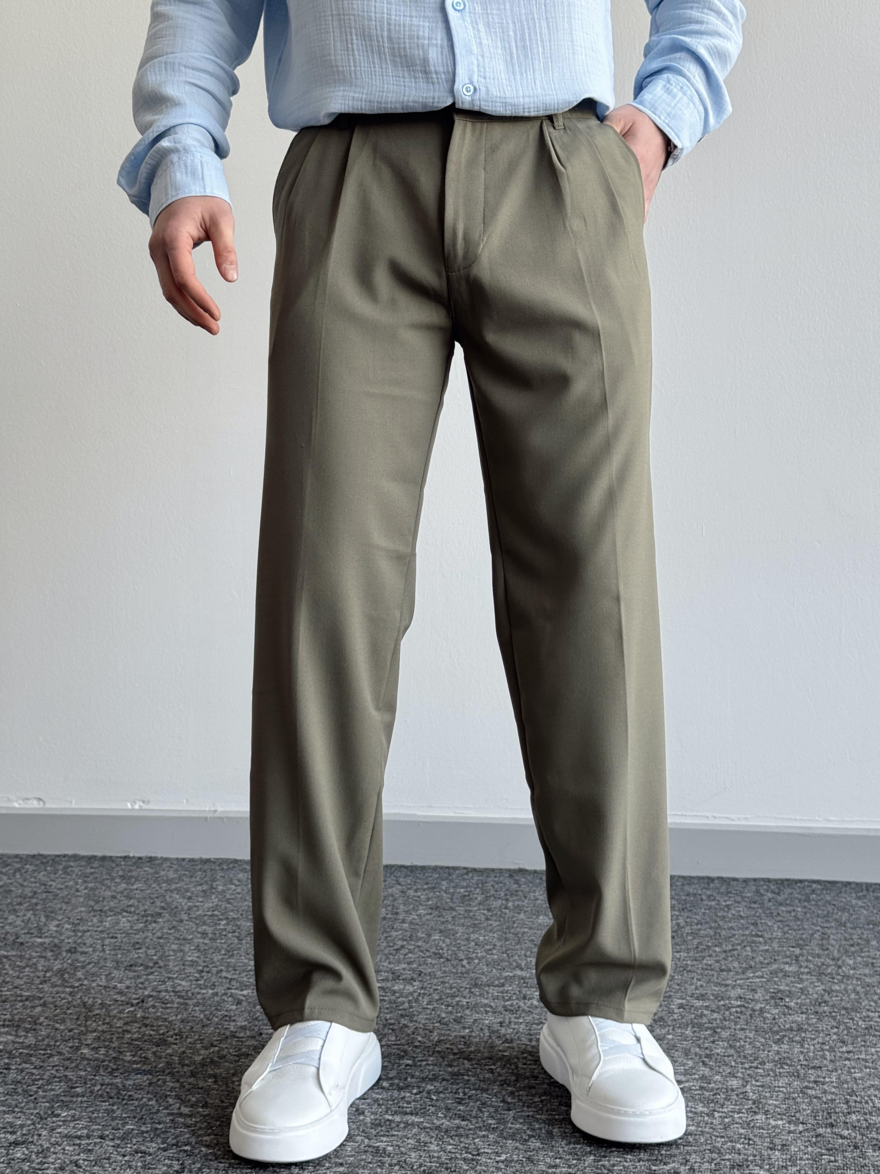 Erkek Pileli Baggy Beli Lastikli Kumaş Pantolon-Yeşil(E1010)