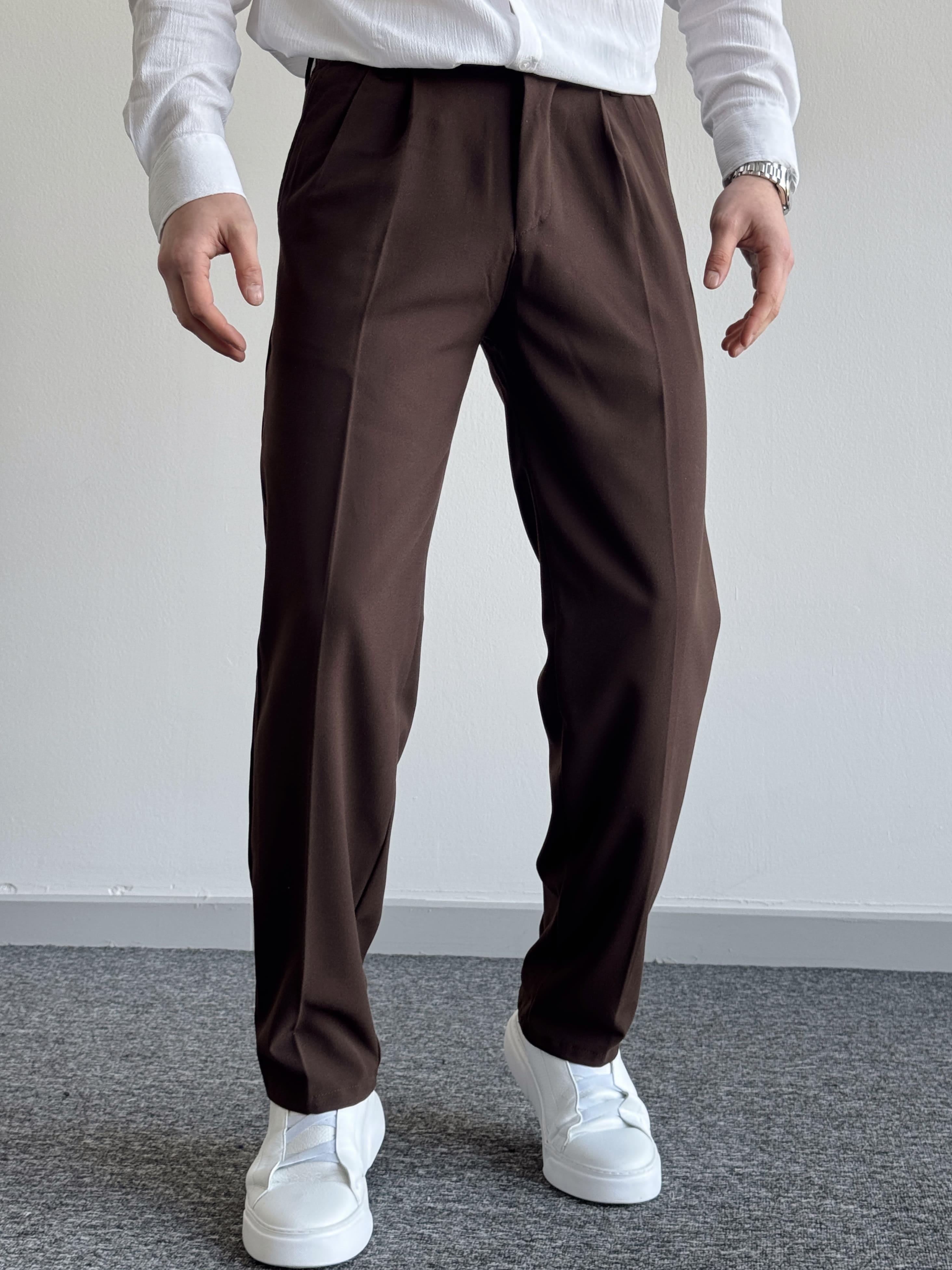 Erkek Pileli Baggy Beli Lastikli Kumaş Pantolon-Acı Kahve(E1010)