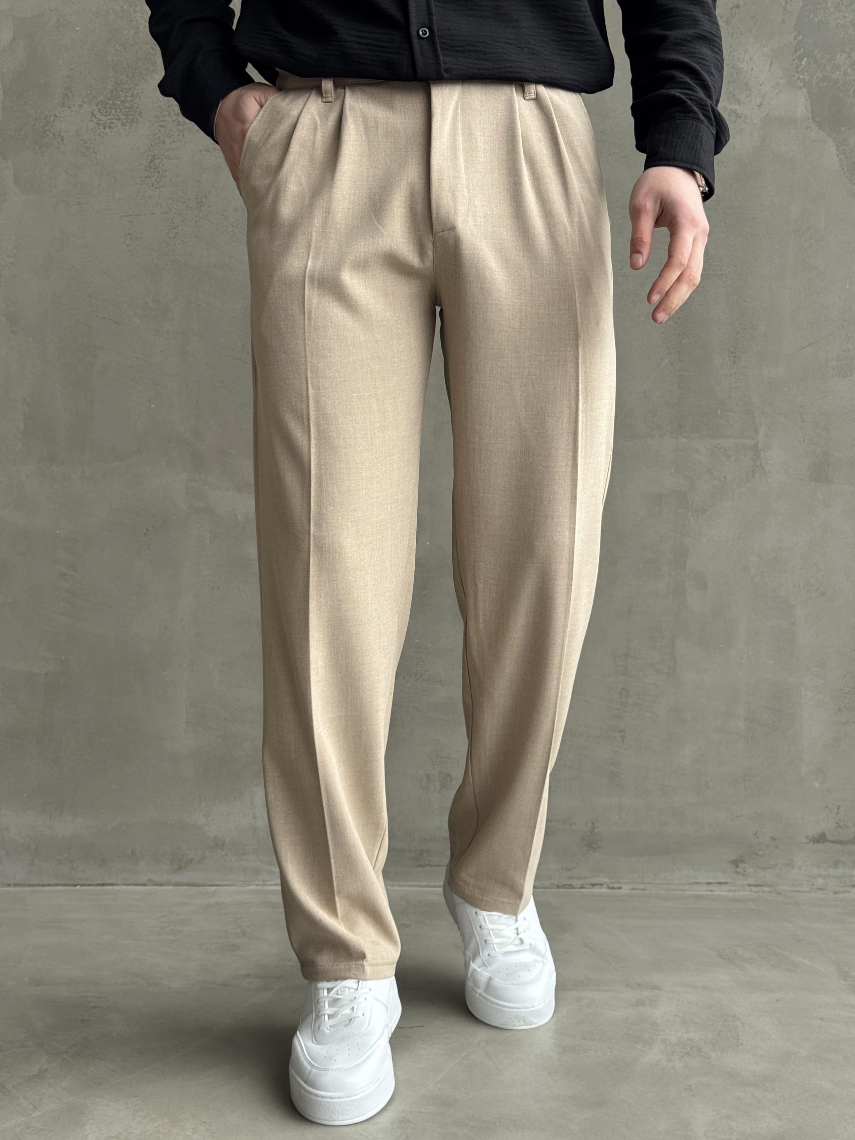 Erkek Pileli Baggy Beli Lastikli Kumaş Pantolon-Sütlü Kahve(E1010)Ketench
