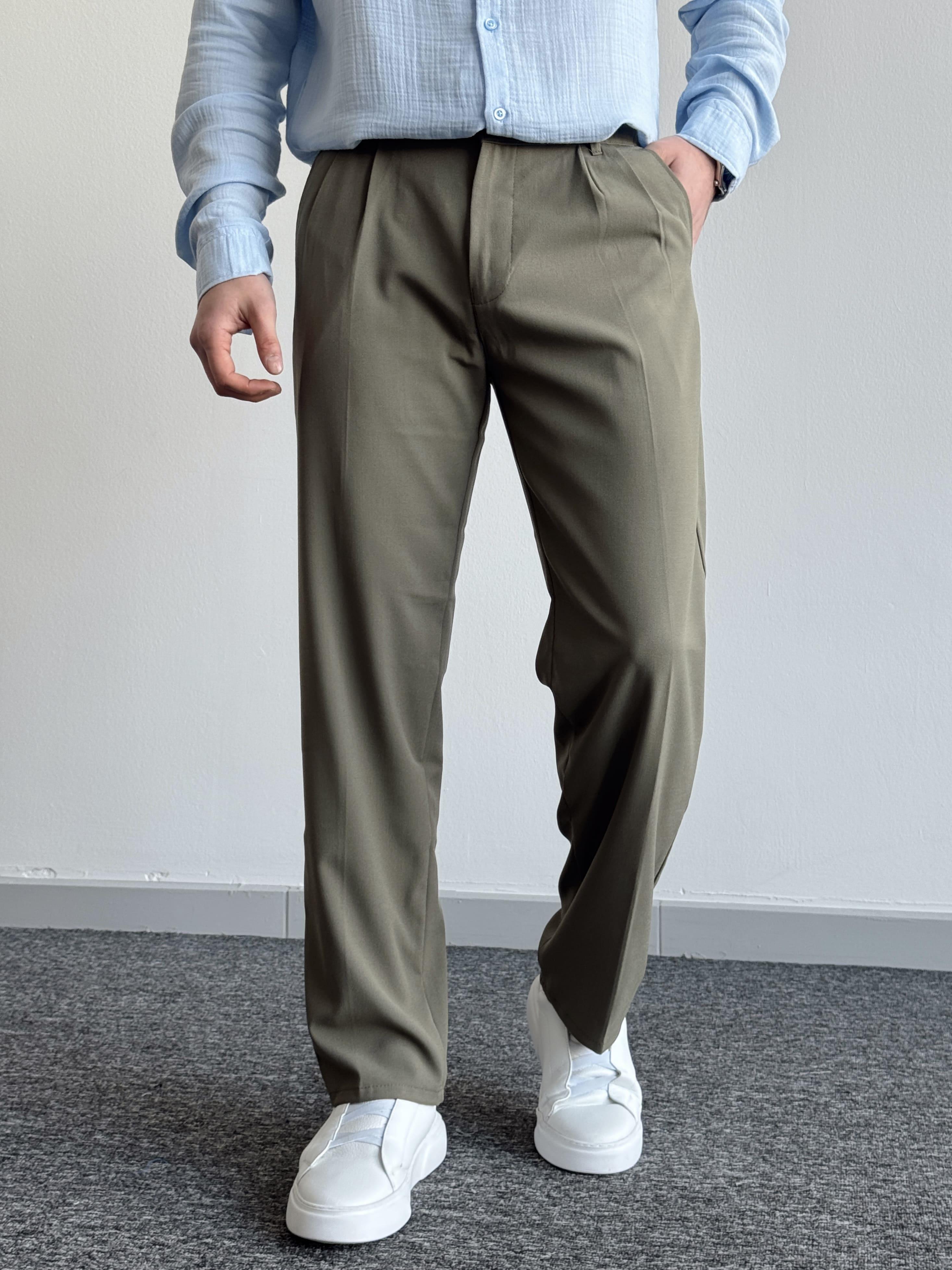 Erkek Pileli Baggy Beli Lastikli Kumaş Pantolon-Yeşil(E1010)