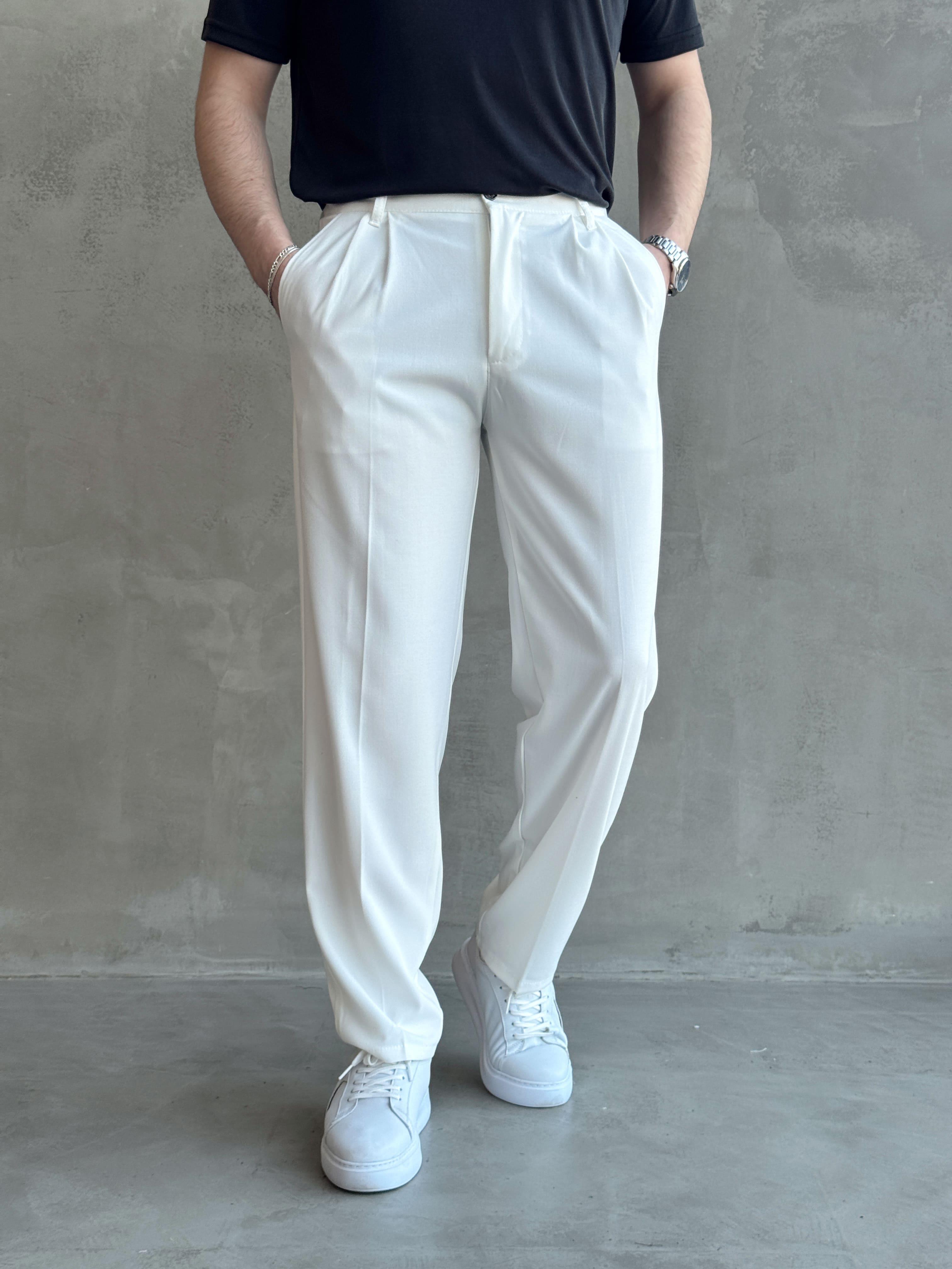 Erkek Pileli Baggy Beli Lastikli Kumaş Pantolon-Beyaz(E1010)