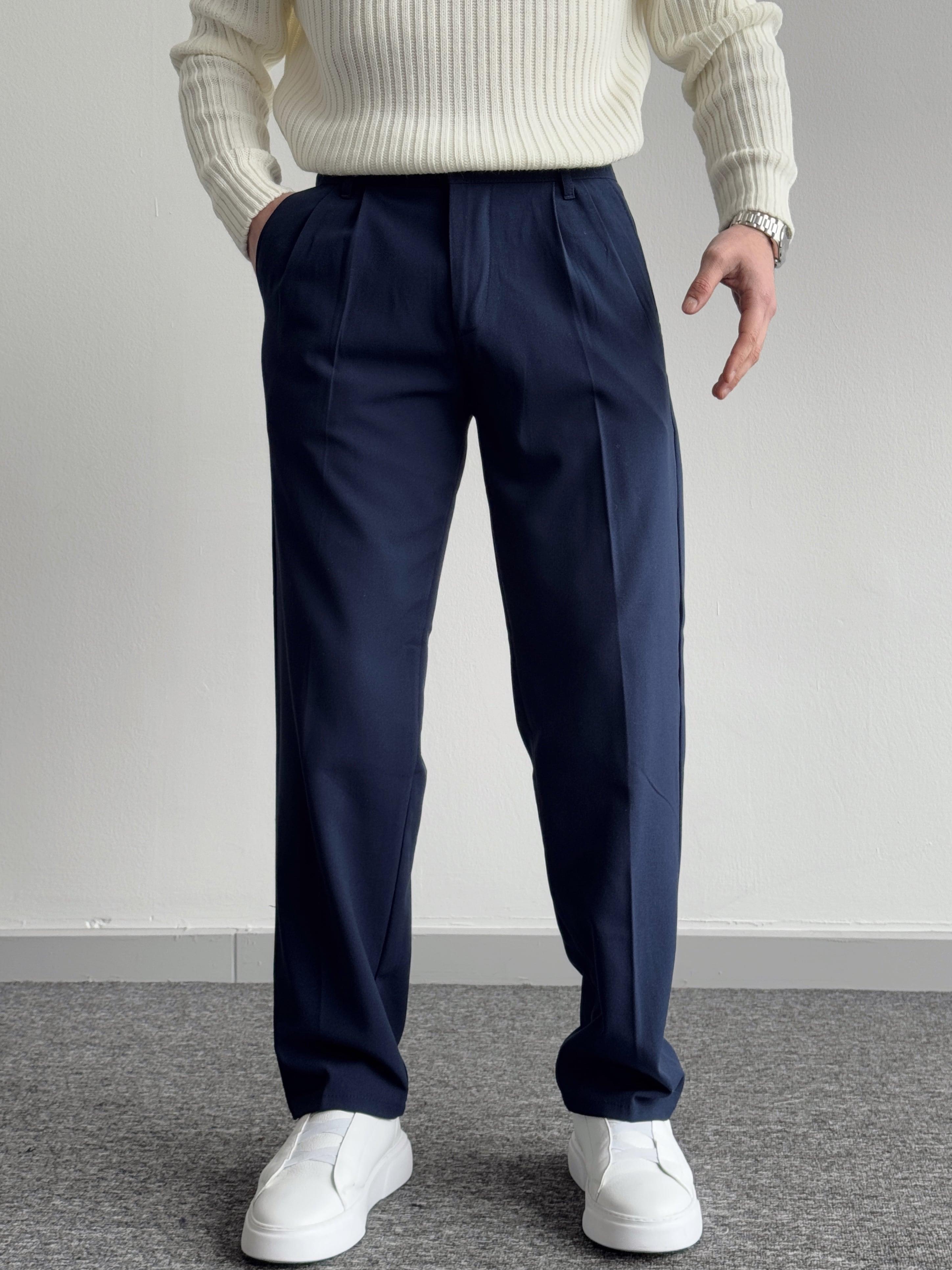 Erkek Pileli Baggy Beli Lastikli Kumaş Pantolon-Lacivert(E1010)