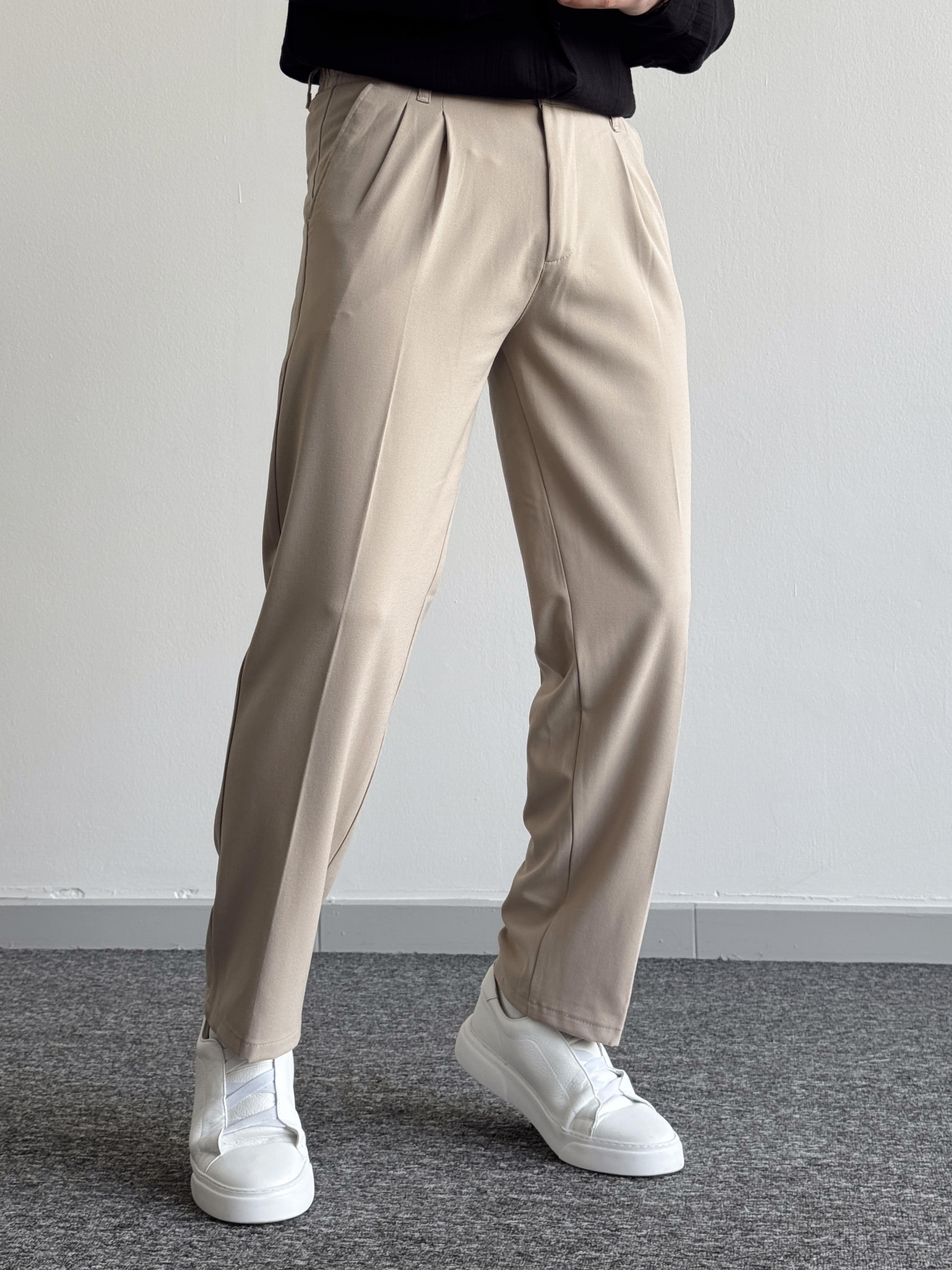 Erkek Pileli Baggy Beli Lastikli Kumaş Pantolon-Bej(E1010)