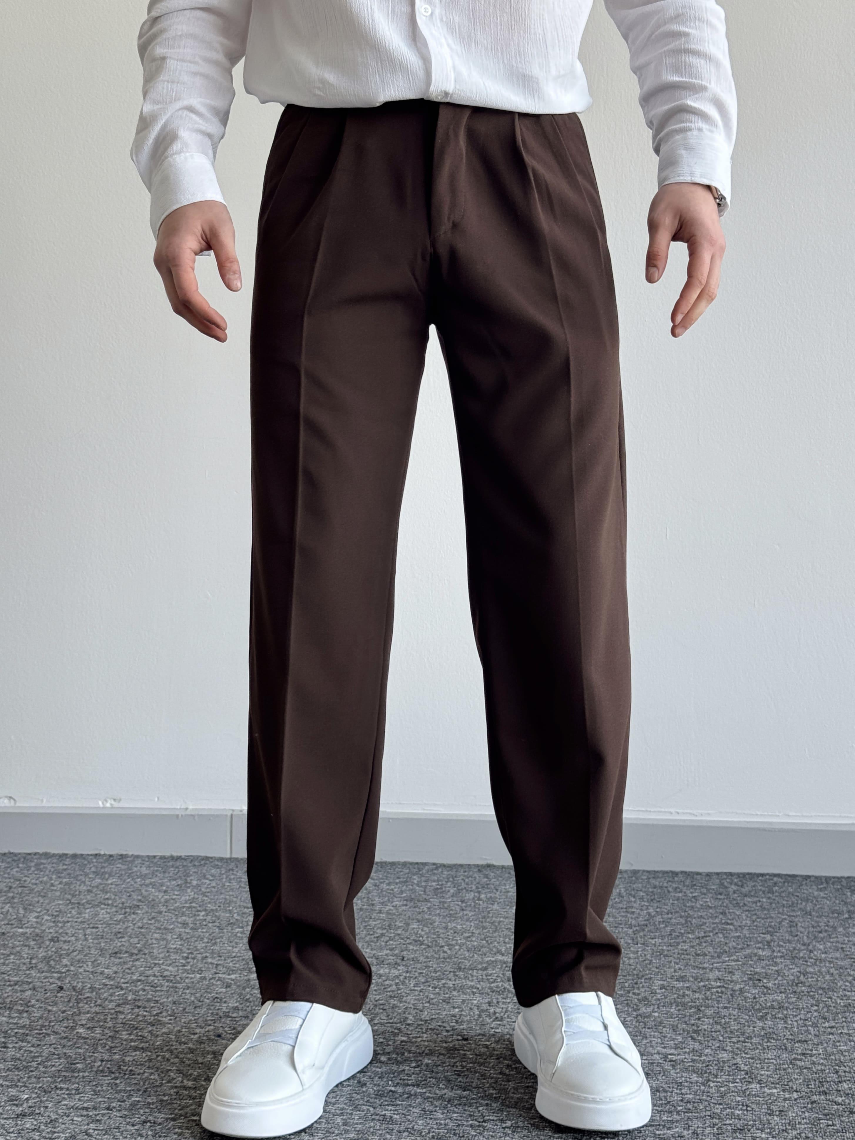 Erkek Pileli Baggy Beli Lastikli Kumaş Pantolon-Acı Kahve(E1010)