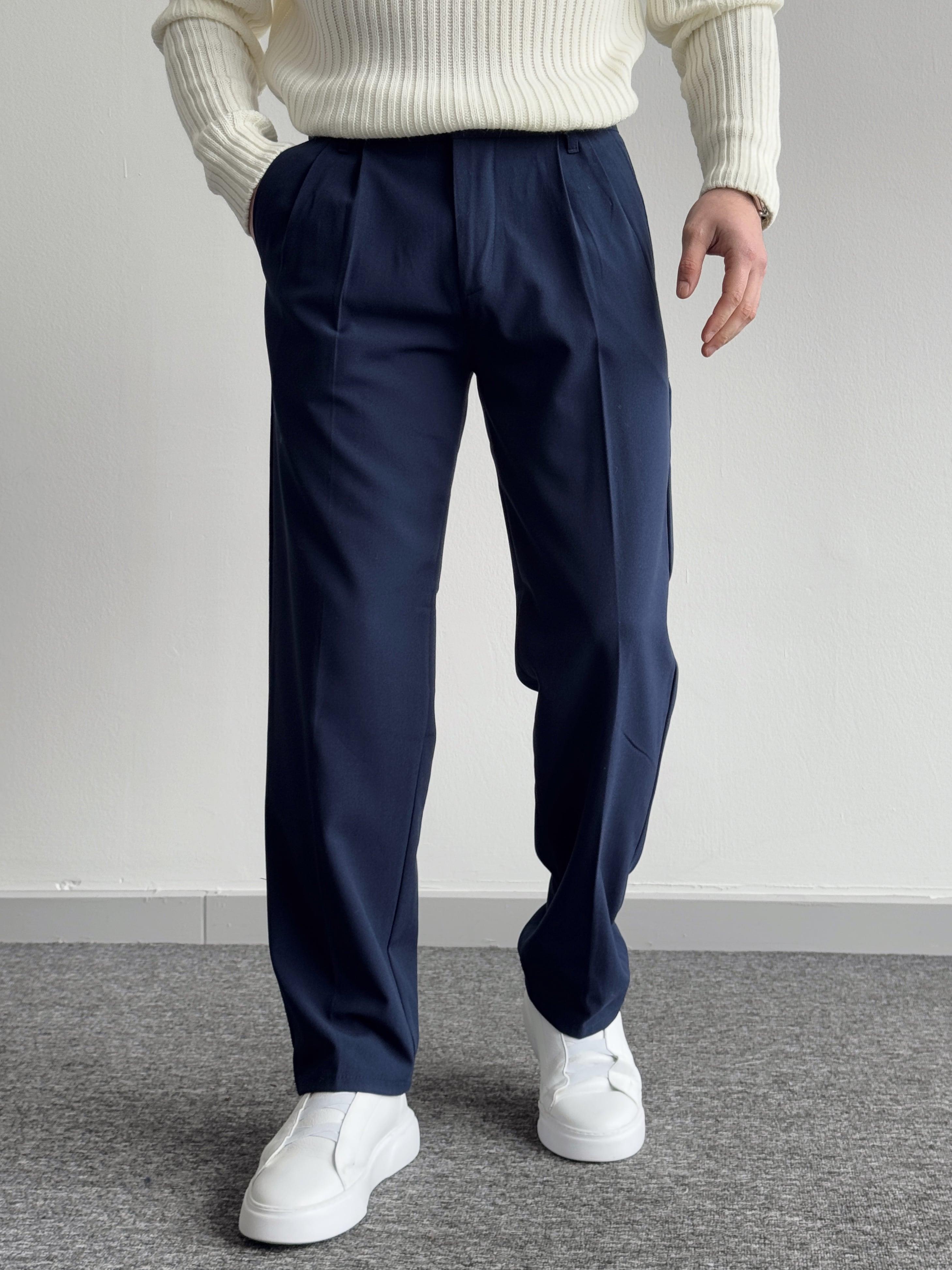 Erkek Pileli Baggy Beli Lastikli Kumaş Pantolon-Lacivert(E1010)