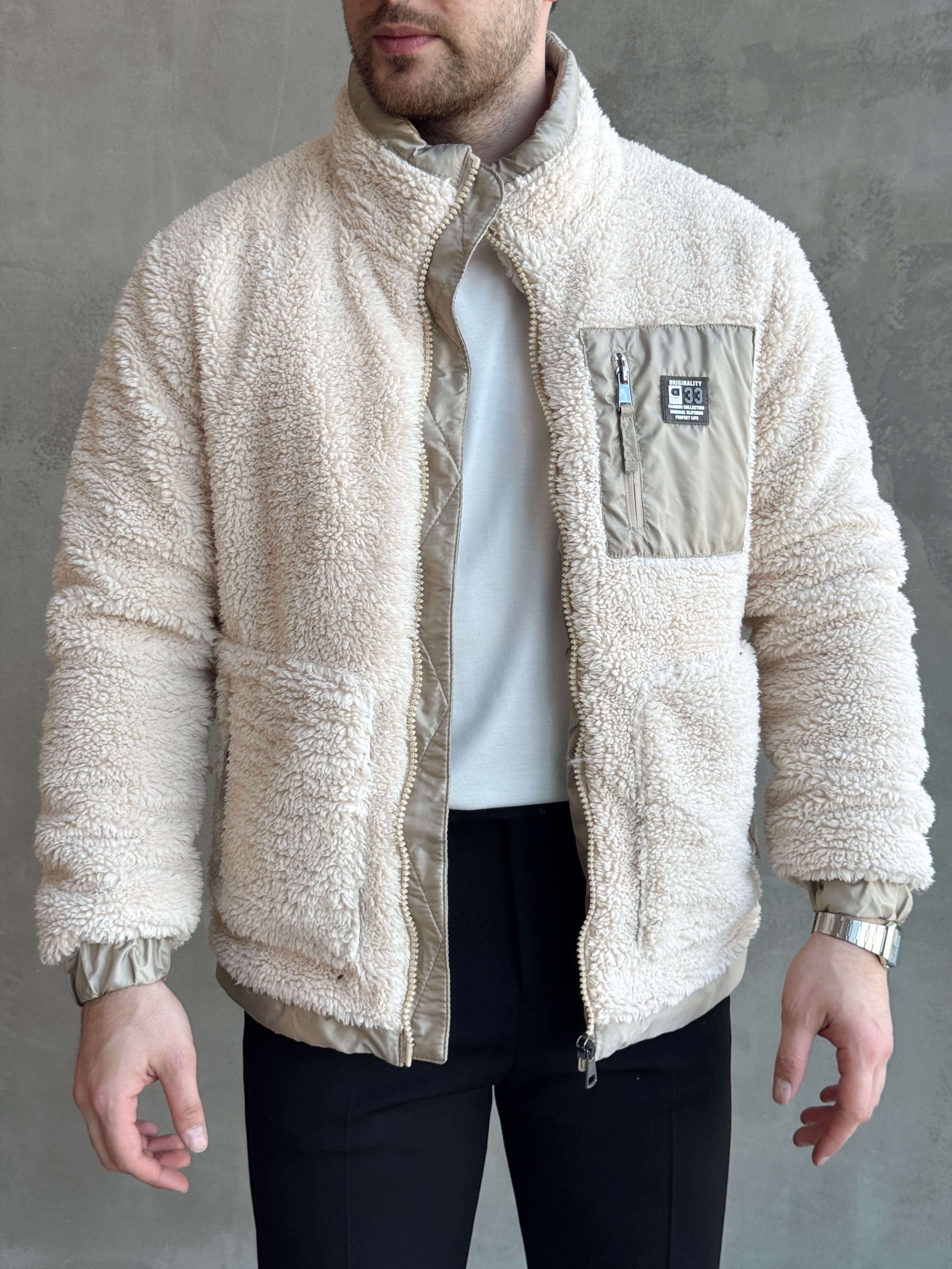 Erkek Popüler Model Regular Kalıp Peluş Kürklü Dik Yaka Cepli Mont-Krem(E1876)